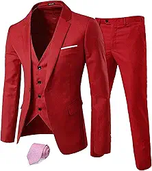 Terno masculino de 3 peças, smoking slim fit com um botão, colete e calça e conjunto de gravata para festa, casamento e negócios, Vermelho, XX-Large