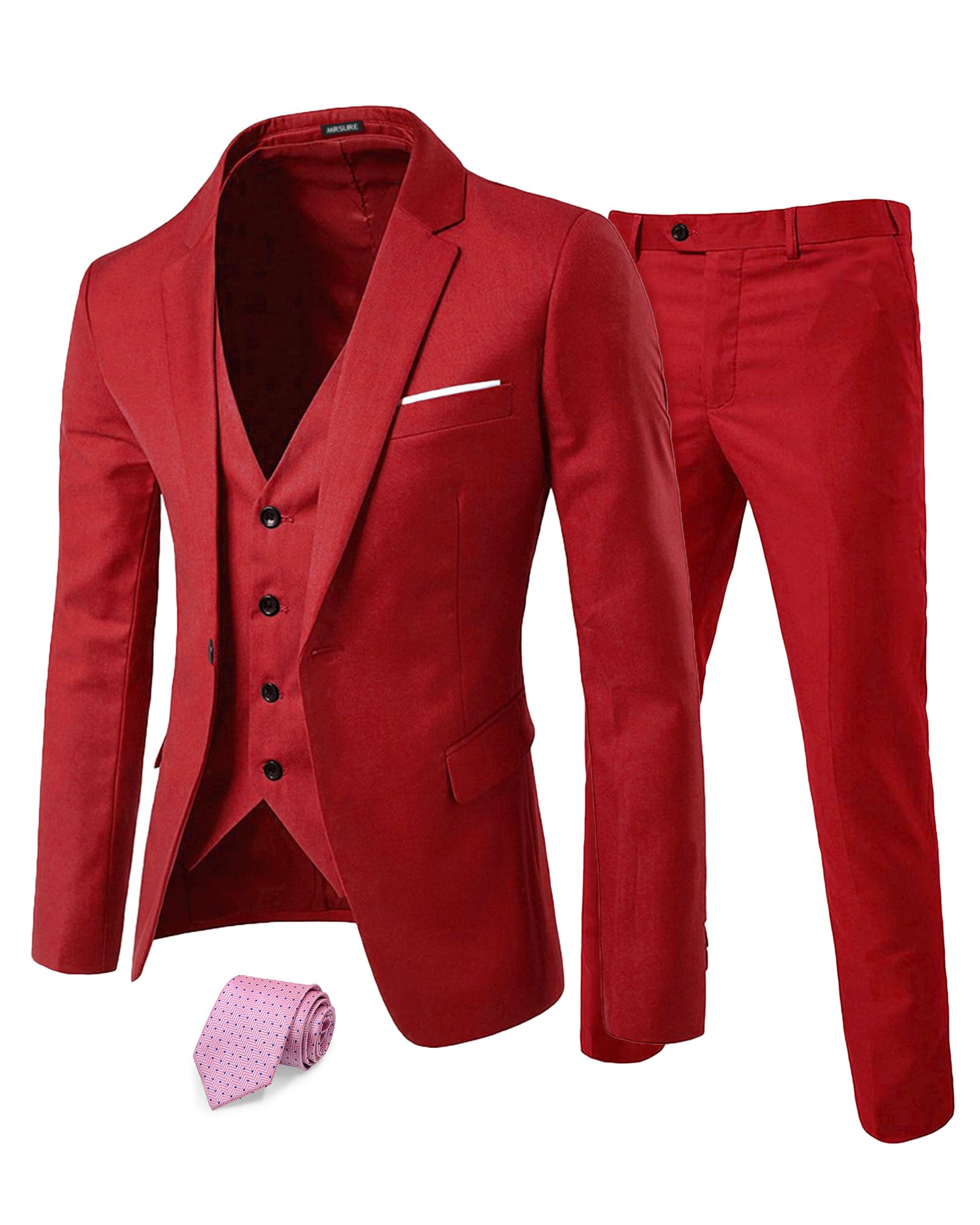 MrSure Men’s 3 Piece Suit Blazer, Slim Fit Tux with One Button, Jacket Vest Pants & Tie Set for Party, Wedding and Business