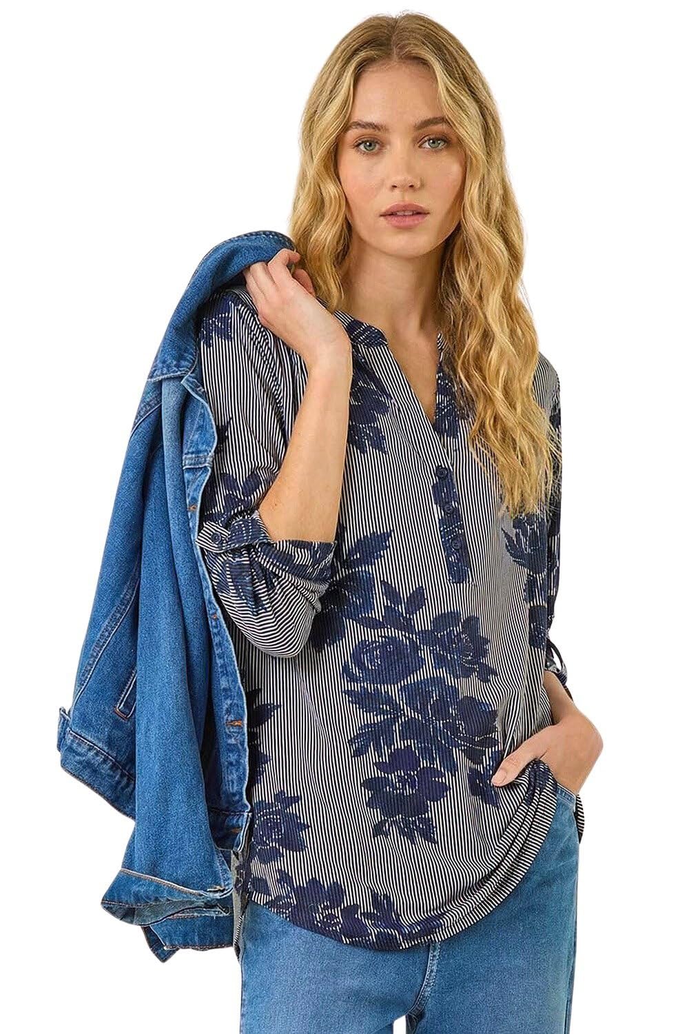 Roman Women's Navy Stripe Floral Print Stretch Shirt Size 18