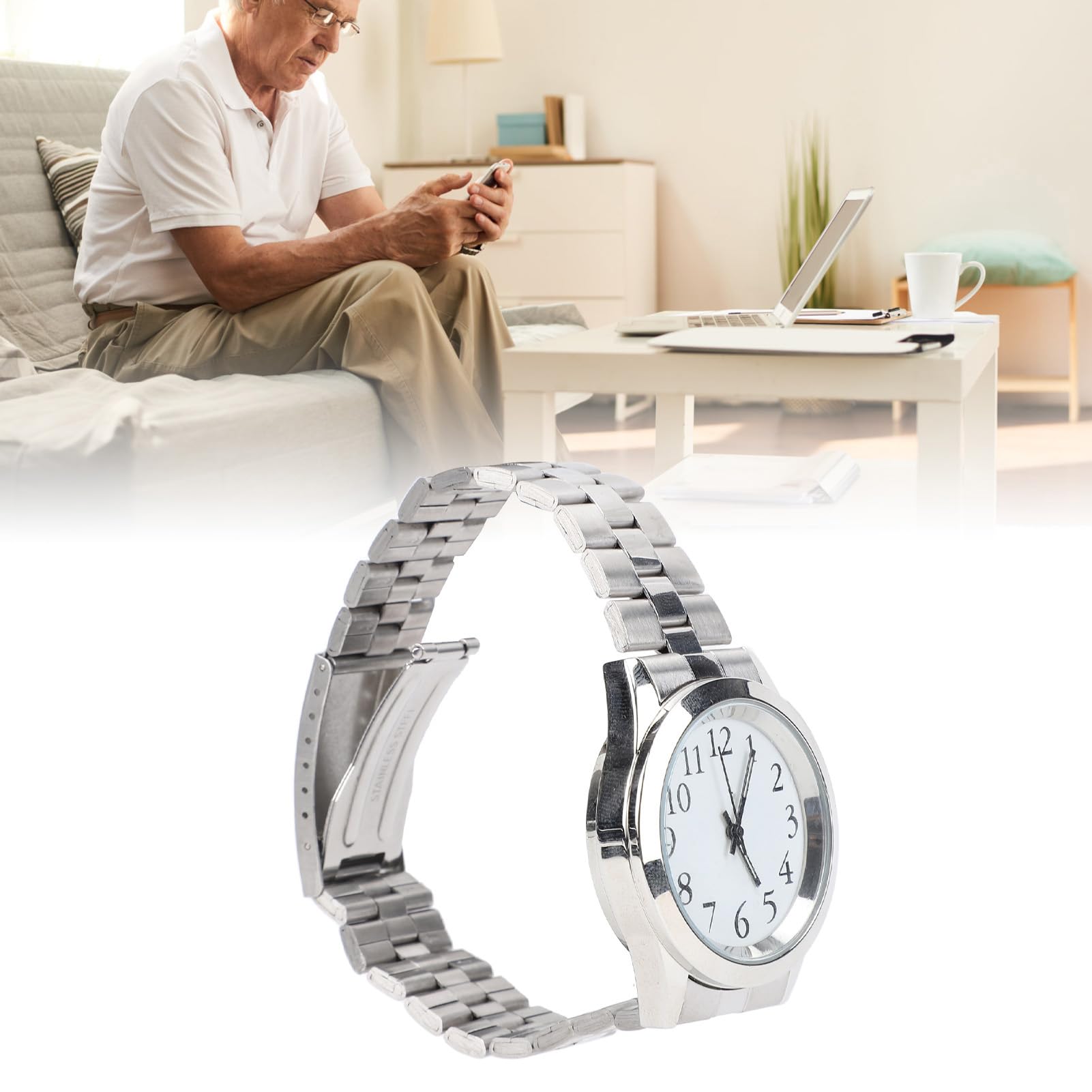 Pilipane Montre parlante, réveil vocal fort et clair, rappel, bracelet élastique en acier inoxydable, grand cadran pour personnes âgées aveugles et malvoyantes