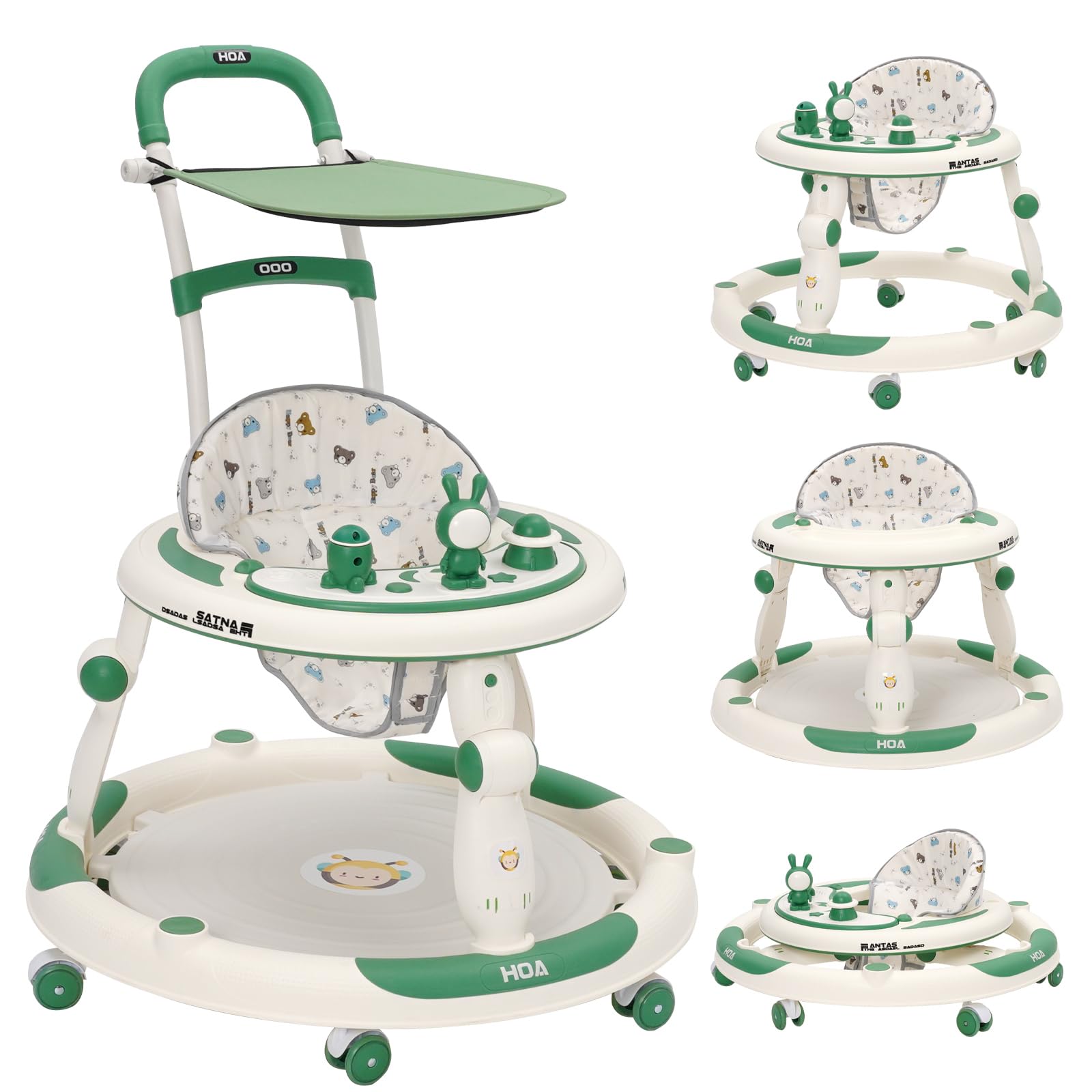 Trotteur Bébé Evolutif 3en1, Jumper Bébé en Roues Silencieuses à 360°, Centre de Jeux, Table à Manger et Accoudoirs, Réglable en Hauteur, Trotteur Bebe Fille/Garçon de 6 Mois Pliable, Vert