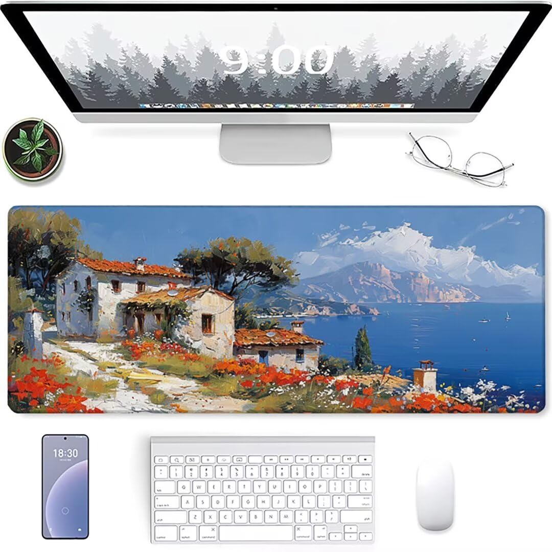 Tappetino rettangolare esteso 1200 x 600 x 3mm per mouse da gioco, Base in Gomma Antiscivolo, idrorente, resistente con cuciture anti-sfilacciamento Bianco Piccola Città