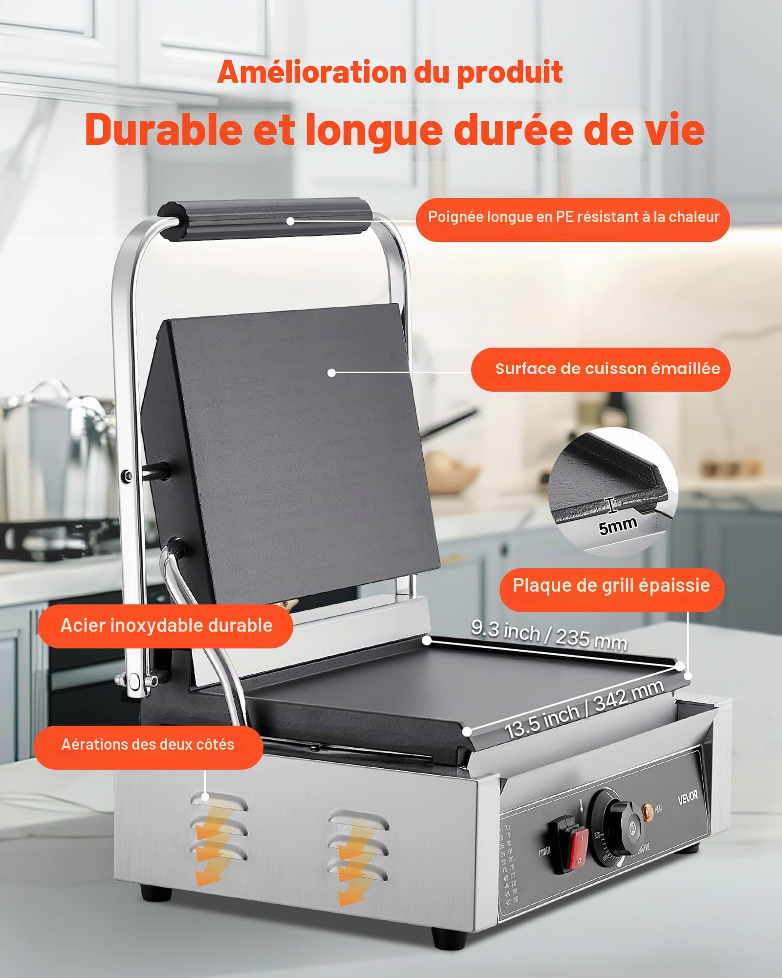 VEVOR Gril Panini Électrique 2200 W, Machine à Panini avec Plaque Émaillée Plate de 34,2x23,5 cm, Appareil à Sandwich en Inox, avec Poignée et Contrôle de la Température, pour Hamburger, Steak
