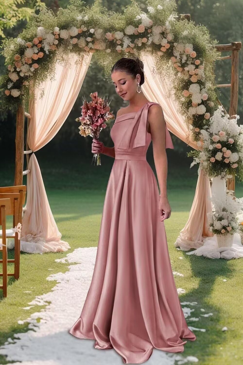 ForElise Women's Satin Bridesmaid Dresses with Bow One Shoulder Prom Dress with Slit Long A-Line Formal Evening Gown 2025