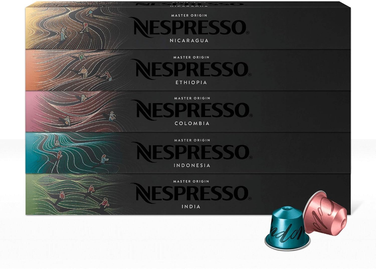 Nespresso Café Master Origin paquete variado 50 cápsulas: Colombia, Etiopía, India, Indonesia, Nicaragua - Sistema Original