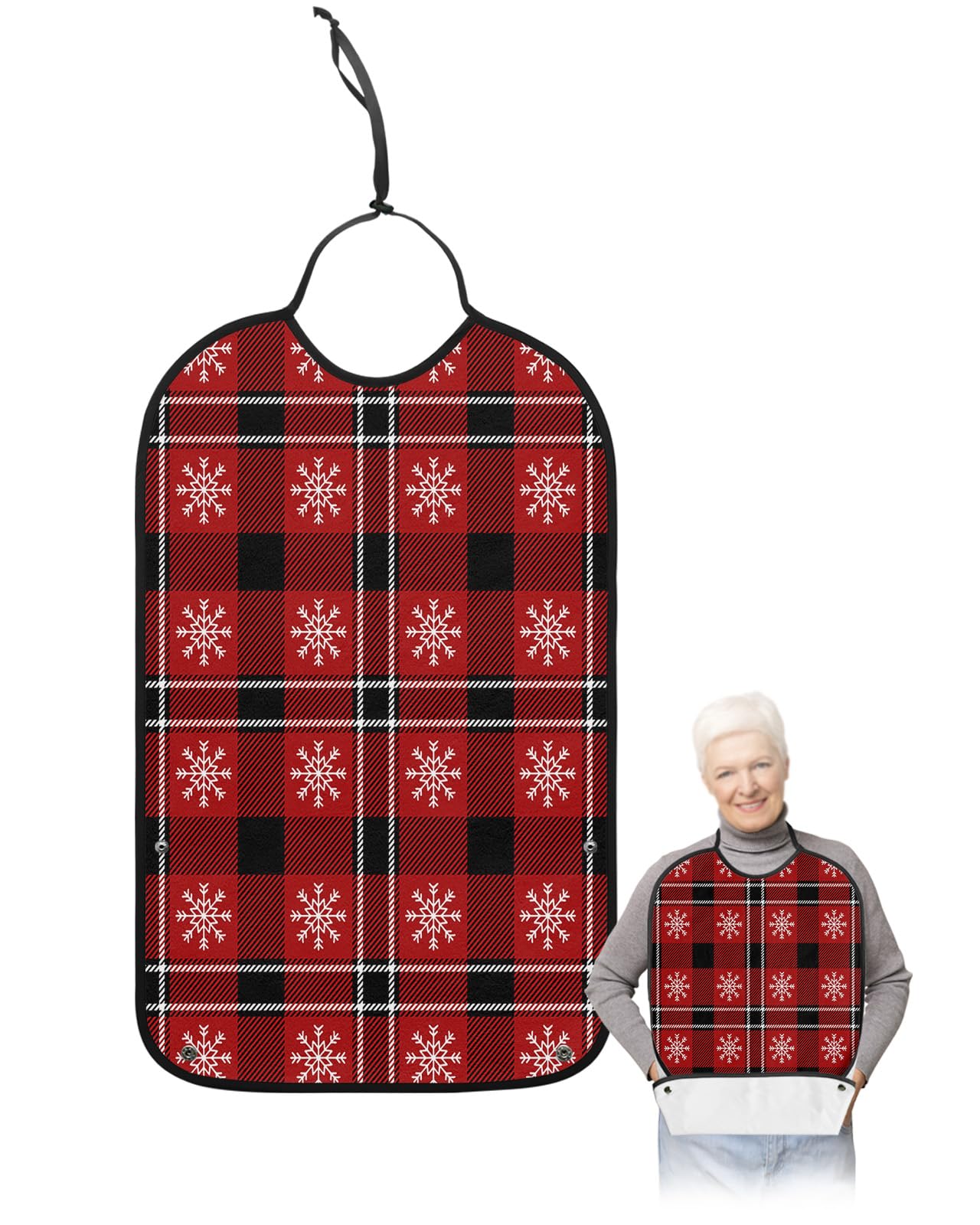 Christmas Snowflake Adult Bibs for Eating, Waterproof Bibs with Food Catcher & Adjustable Snap Closure, Red Black Plaid Winter Snowflake Washable Clothing Protectors Adult Bibs for Elderly Women/Men