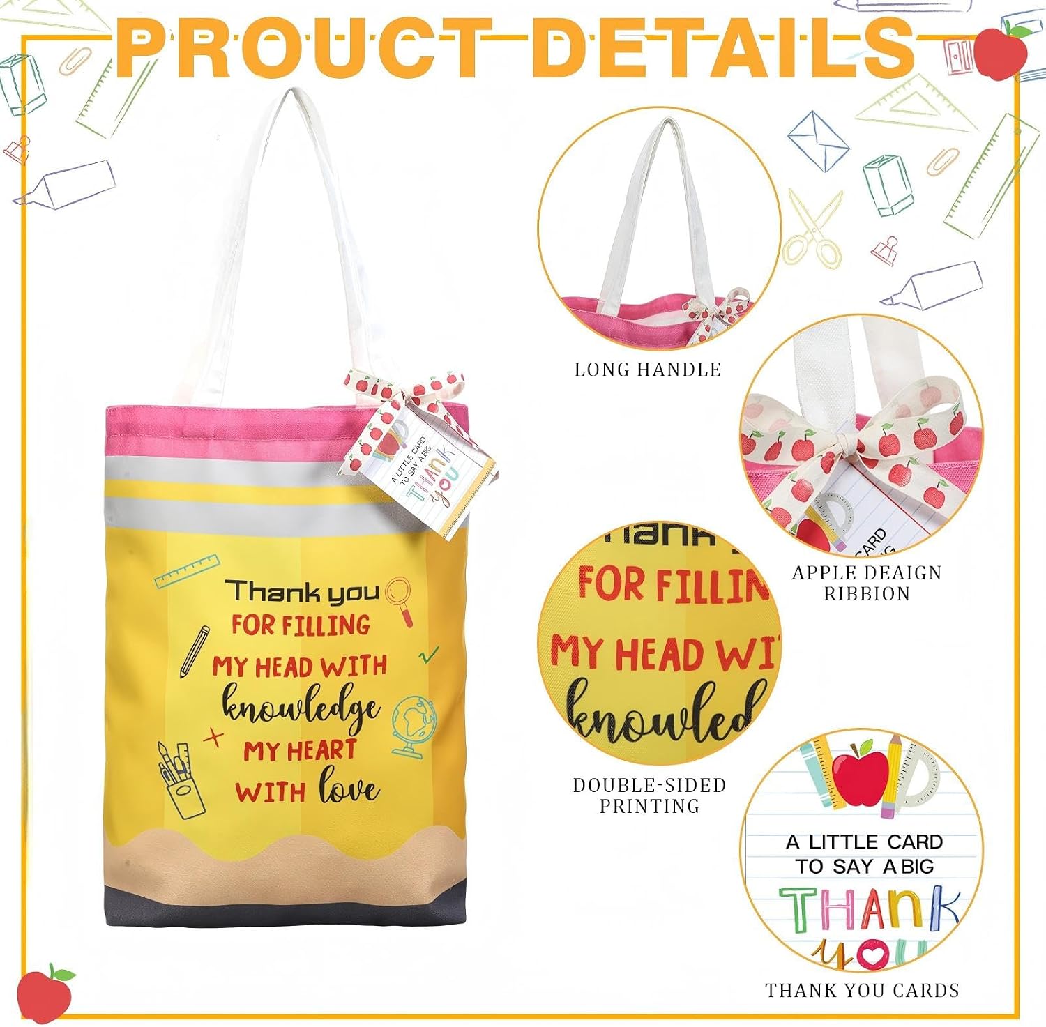 6 Sets Teacher Appreciation Gifts Canvas Tote Bags with Thank You Tags,ReusableTeacher Gift Bags Aesthetic Grocery Bag for Teacher Appreciation Week Women Graduation Office First Day of School Gifts