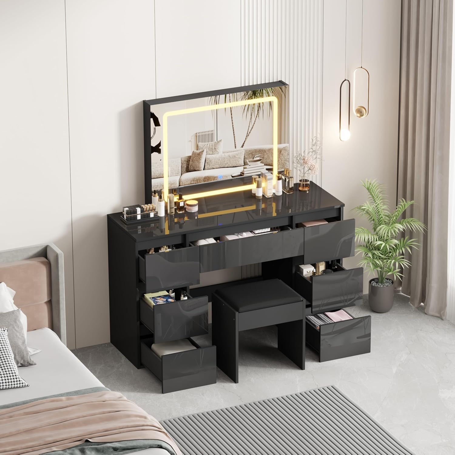 LSLIFE Schminktisch mit Spiegel und Hocker Weißer Schminktisch mit LED-Beleuchtung 7 Schubladen Hochglanz Make-up Schreibtisch Schlafzimmer Ideal für Mädchen und Frauen Schlafzimmer Möbel (Schwarz)
