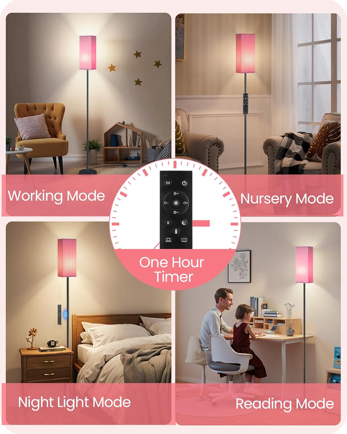 Image showing the remote control with various buttons for power, dimming, color temperature, and a 1-hour timer function.