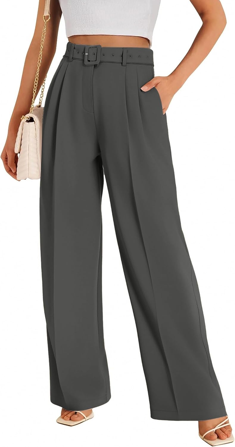 FUNYYZO Women Dress Office Pant High Waist Wide Leg Slacks Business Work Casual Long Belted Trousers 2026