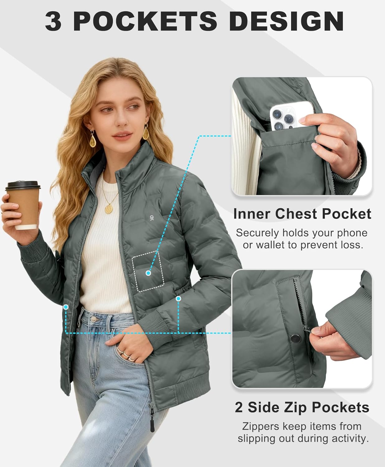 Little Donkey Andy Women's Puffer Jacket Plus Size Lightweight Quilted Jackets Winter Warm Stand Collar Jacket with 3 Pockets - Image 4