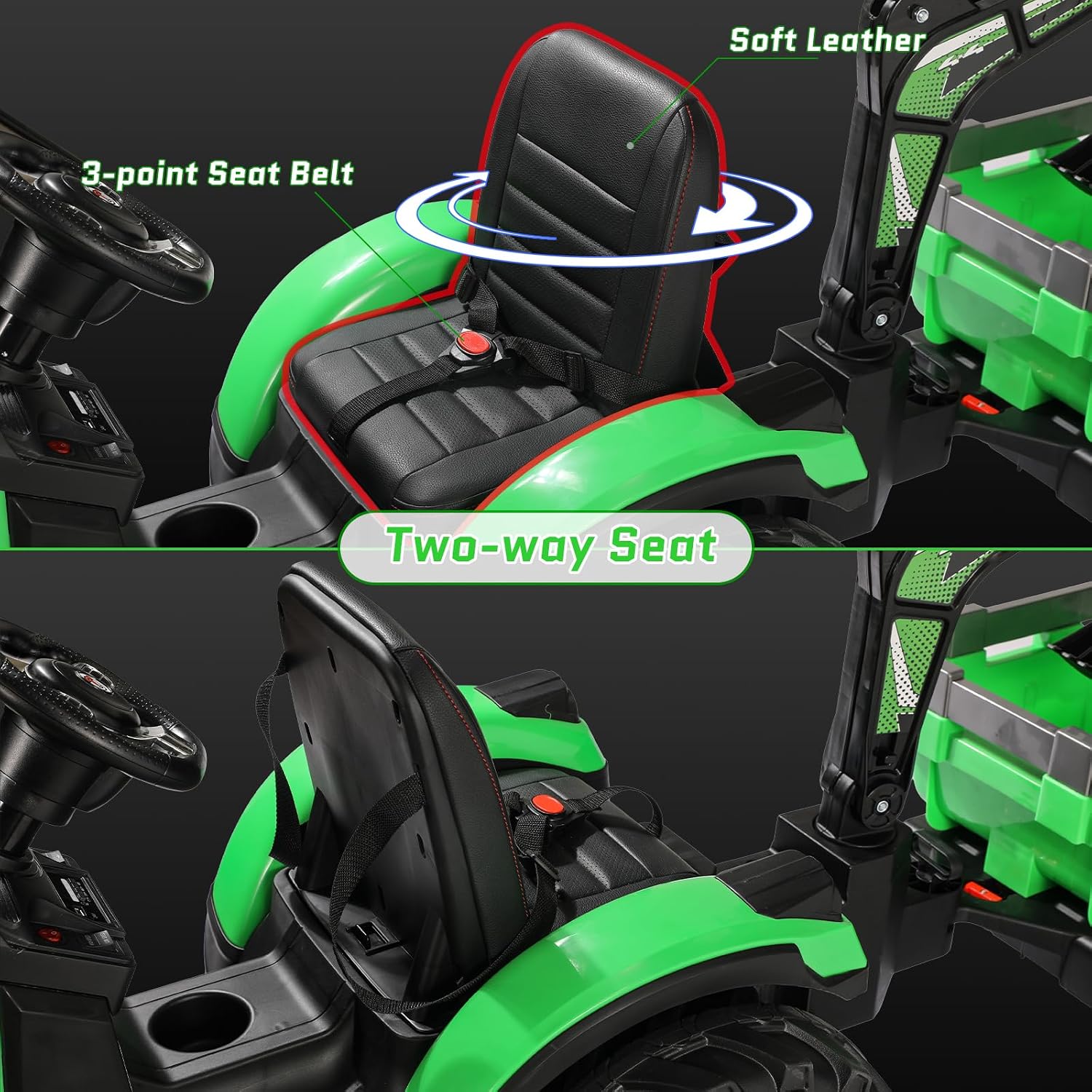 TLSUNNY 3 in 1 Ride on Tractor Excavator Bulldozer, 24V Kid Electric Vehicle w/Trailer, Shovel Bucket, Digger, Remote Control, LED Lights, EVA Tire, Music & Bluetooth, Toddler Ride on Car (Green)