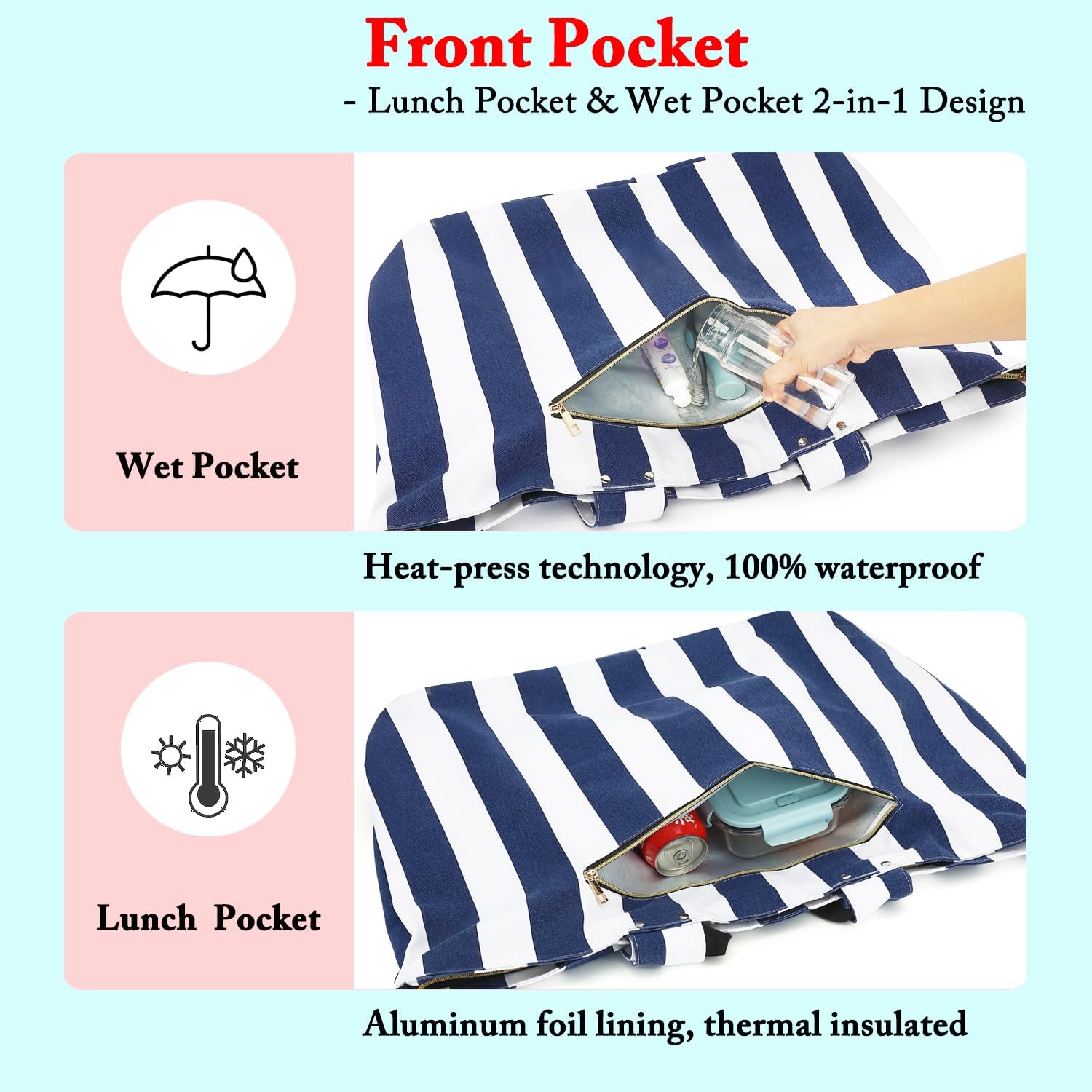 Large Canvas Beach Bag for Women, Beach Bags Waterproof Sandproof with Zipper & Wet Bag Cruise Essentials - Image 3