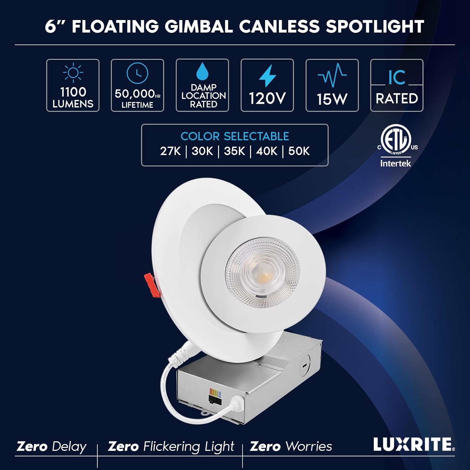 LUXRITE 6 Inch Floating Gimbal LED Recessed Lighting with J-Box, CRI90, 15W, 5 Color Selectable 2700K-5000K, Dimmable, 1100 Lumens, Directional Ceiling Light, Damp Rated, IC Rated, ETL Listed (6 Pack)