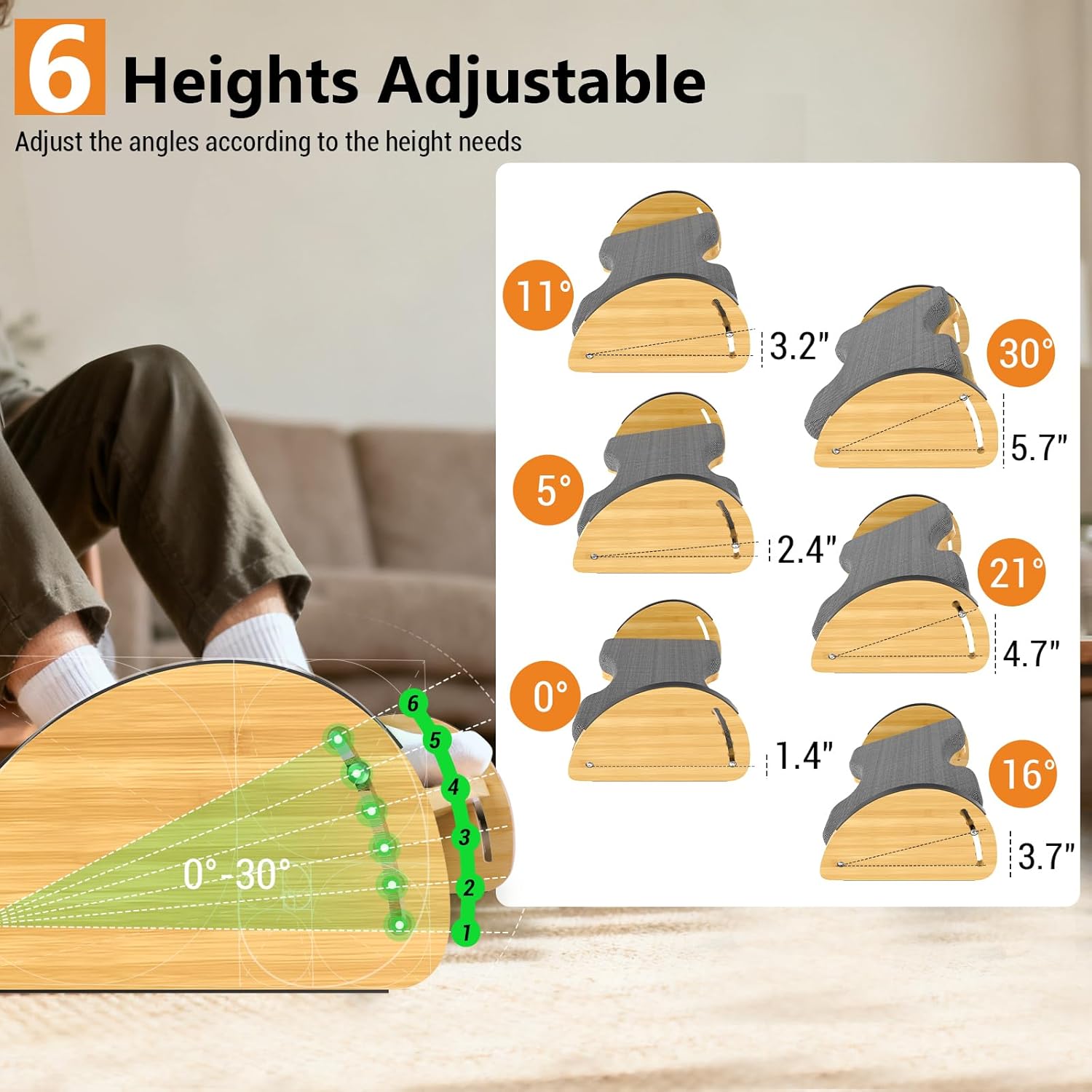 Bamboo Foot Rest for Under Desk at Work - 3-in-1 Reversible Rocking Under Desk Footrest with Foam Cushion and 6 Adjustable Heights, Ergonomic Foot Rest with Washable Cover for Home, Office and Gaming