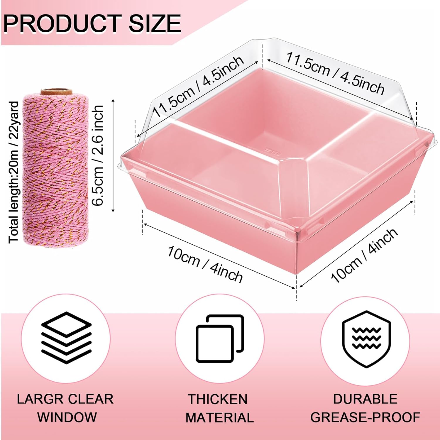 Jetec 150 Pack Charcuterie Boxes with Clear Lids and Rope 4 Inches Cake Disposable Square Dessert Food Box Containers with Lids for Bakery Macaron Cookies Strawberries Fruits Display (Pink) Pink 150