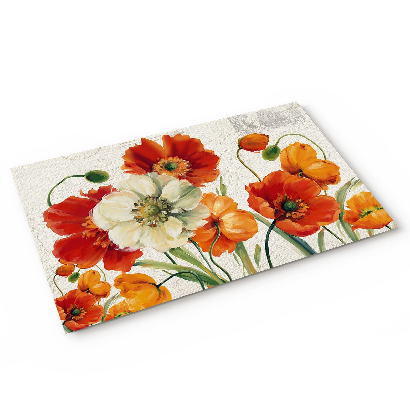 Floral Door Mats, Non Slip Indoor Floor Mat with Rubber, Low-Profile Entrance Doormat for Living Room, Bedroom Home Decor 16x24 inch, Watercolor Red Orange Poppy Flowers