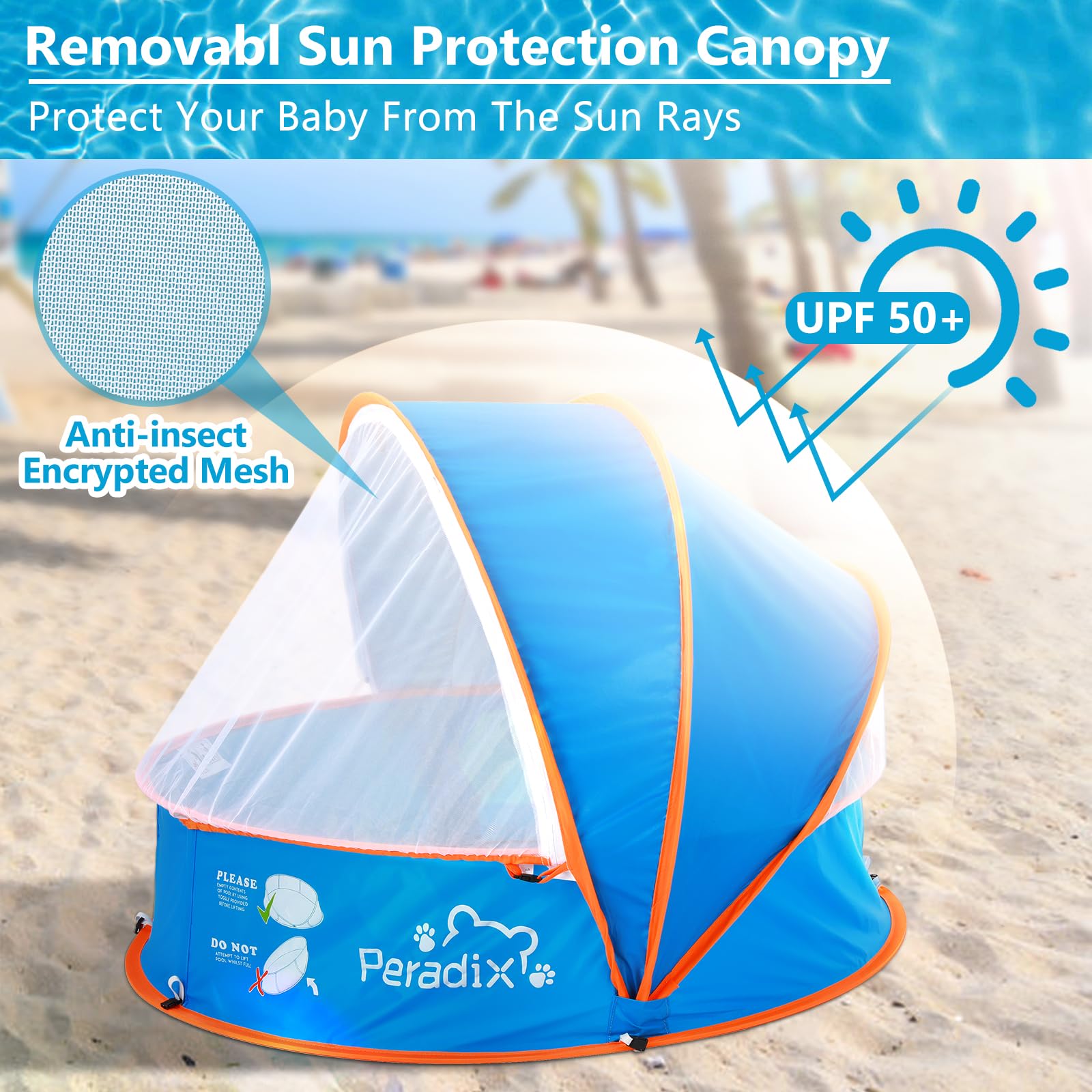 Peradix Splash Pool, 4-in-1 Baby Beach Tent with UV Sun Shelter Canopy & Mosquito Net, Portable Pop-Up Infant Ball Pit Tent, Toddler Wading Pool for Kids & Pets - Image 3