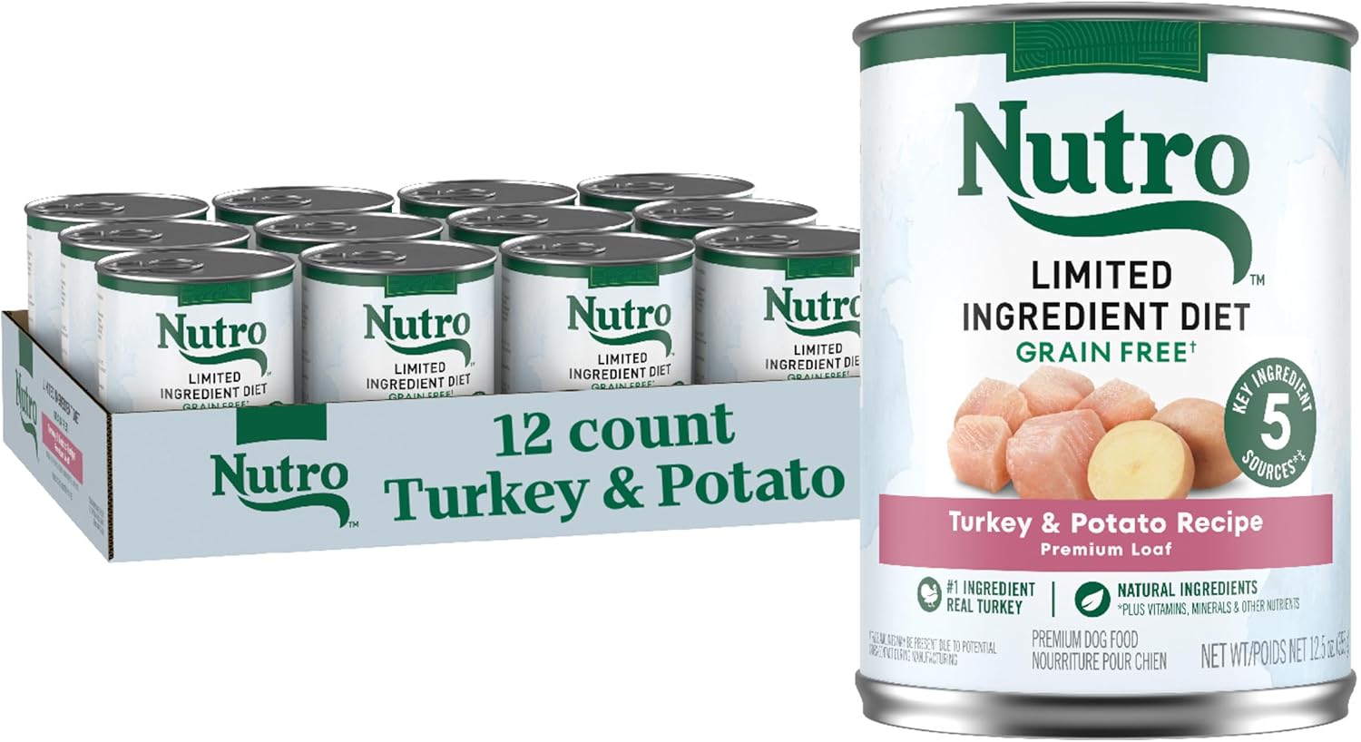 Nutro Limited Ingredient Diet Adult Canned Dog Food, Grain Free Wet Dog Food Cans Premium Loaf Turkey & Potato Recipe, 12.5 oz. (12 Count)