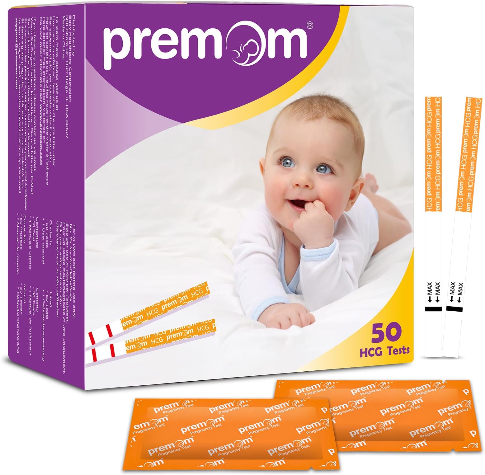 Premom hCG Pregnancy Test Strips: 50 Individually Wrapped Pregnancy Test Kit Powered by Premom Ovulation Predictor | hCG Urine Pregnancy Test Strips in Bulk
