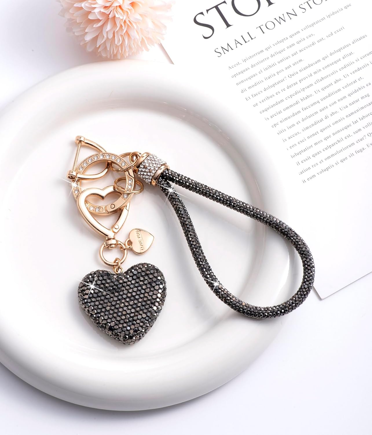 Cute Heart Keychains for Women, Bling Key chain Accessories Girly Wristlet Keychain for Car Keys, Backpack pom pom - Image 2