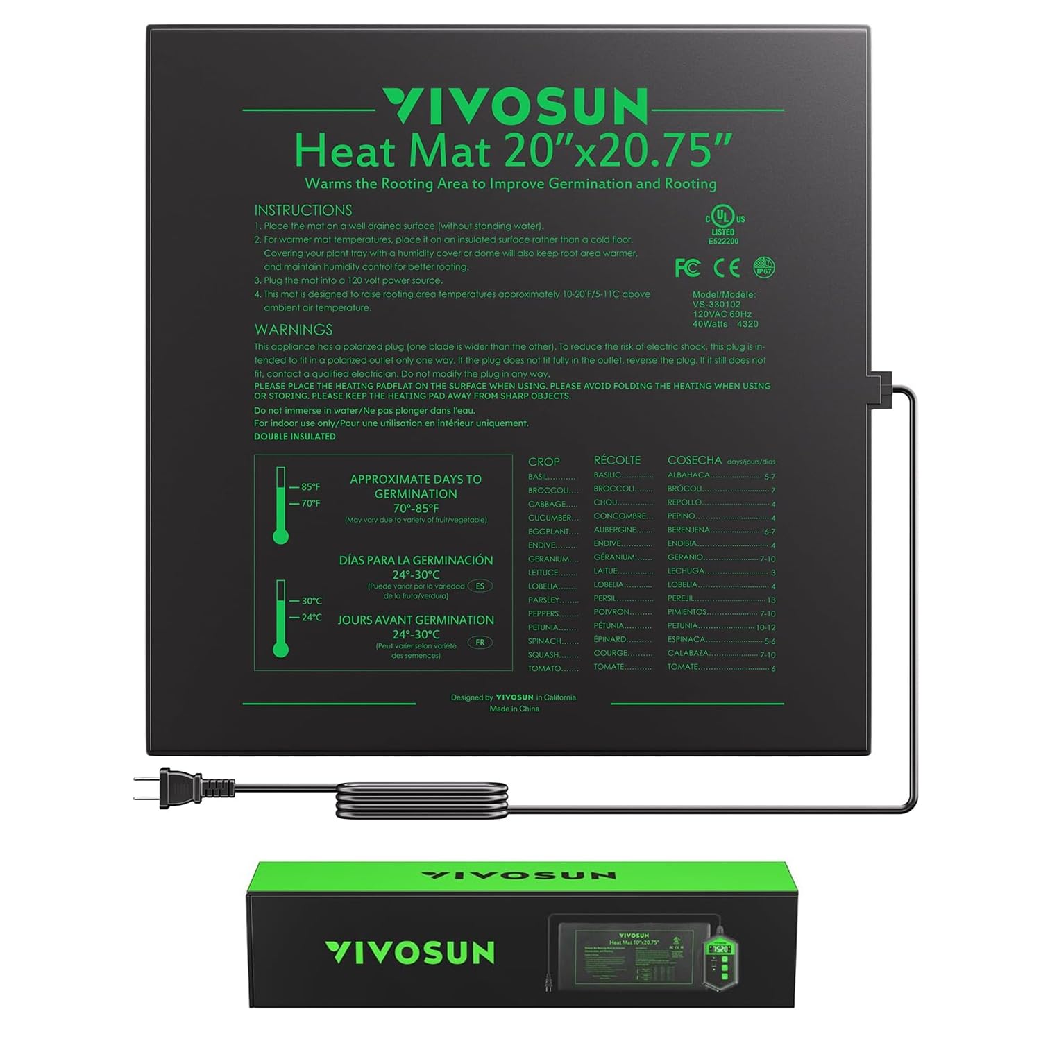 VIVOSUN Durable Waterproof Seedling Heat Mat 20" x 20.75" UL & MET-Certified Warm Hydroponic Heating Pad for Germination, Indoor Gardening, Greenhouse
