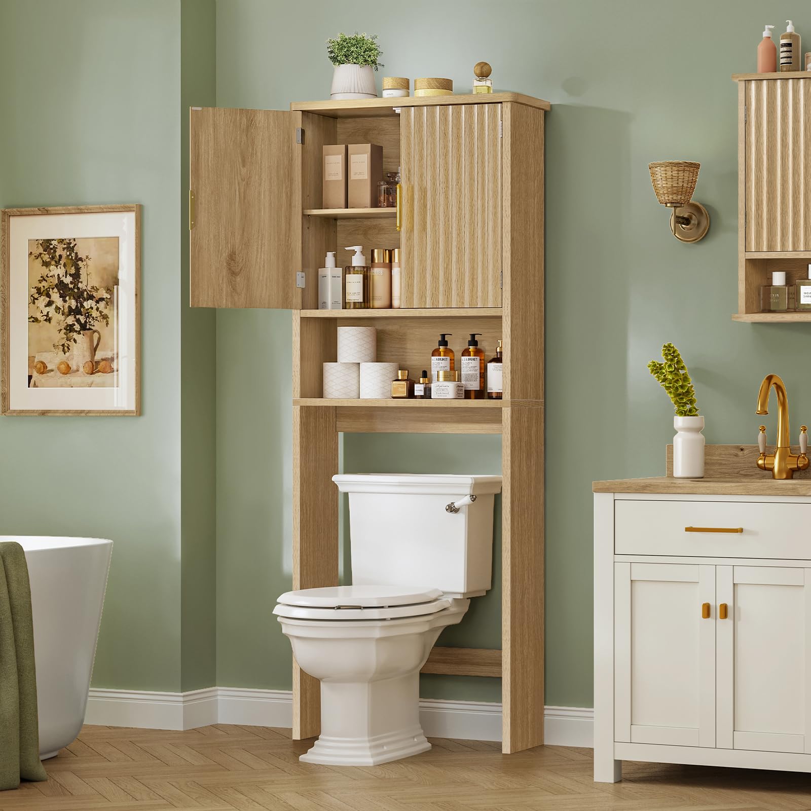 TEENFON Over The Toilet Storage Cabinet, Above Toilet Storage Cabinet with Adjustable Shelf, Taller Wooden Free Standing Bathroom Storage with 2 Doors, Laundry Room Storage Shelf, Natural