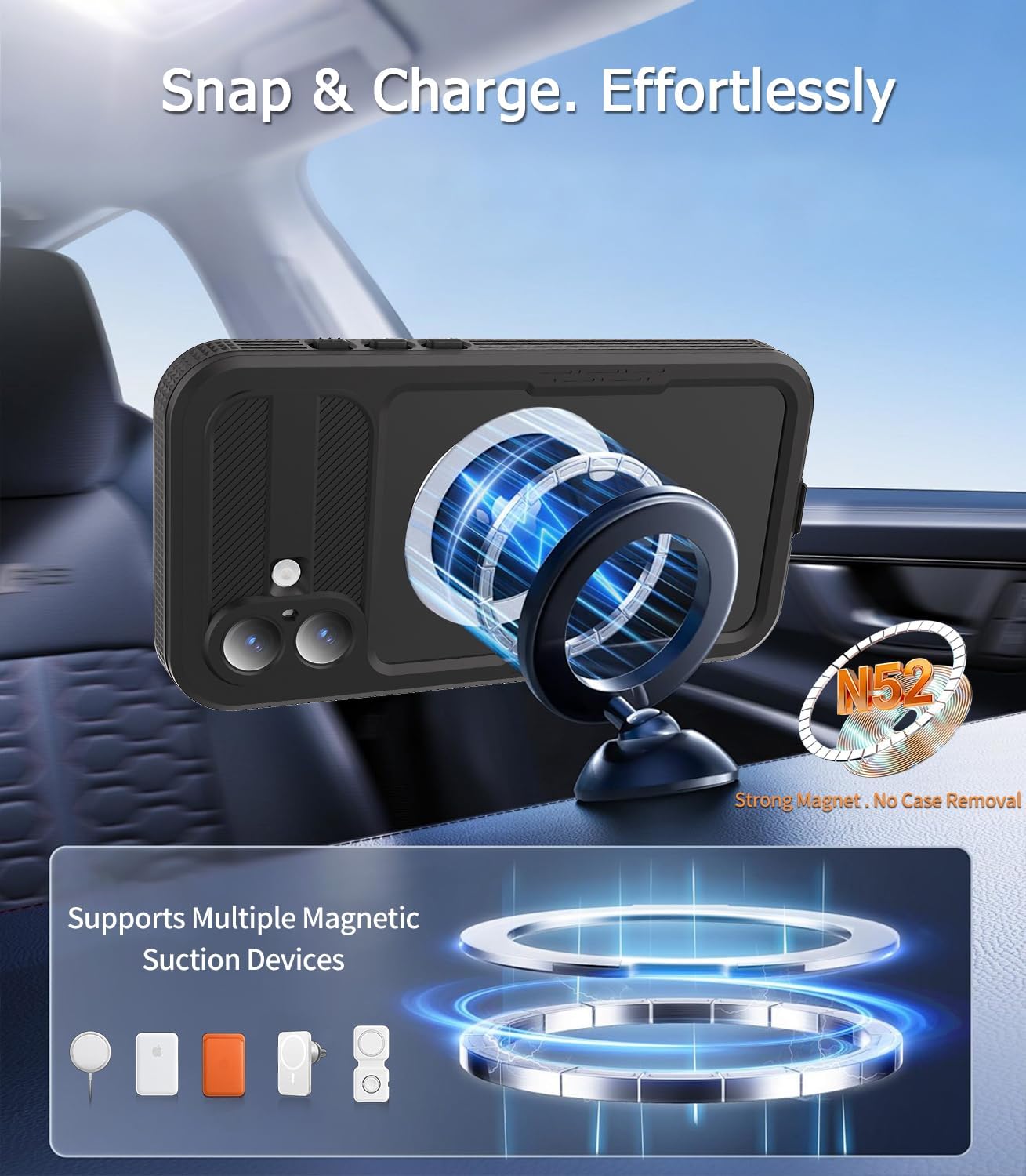 for iPhone 16 Case - Compatible with MagSafe - IP68 Waterproof & Dustproof, 10FT Military-Grade Drop Proof - Built-in Screen Protector & Full-Body Rugged Cover, 6.9 Inch - Black