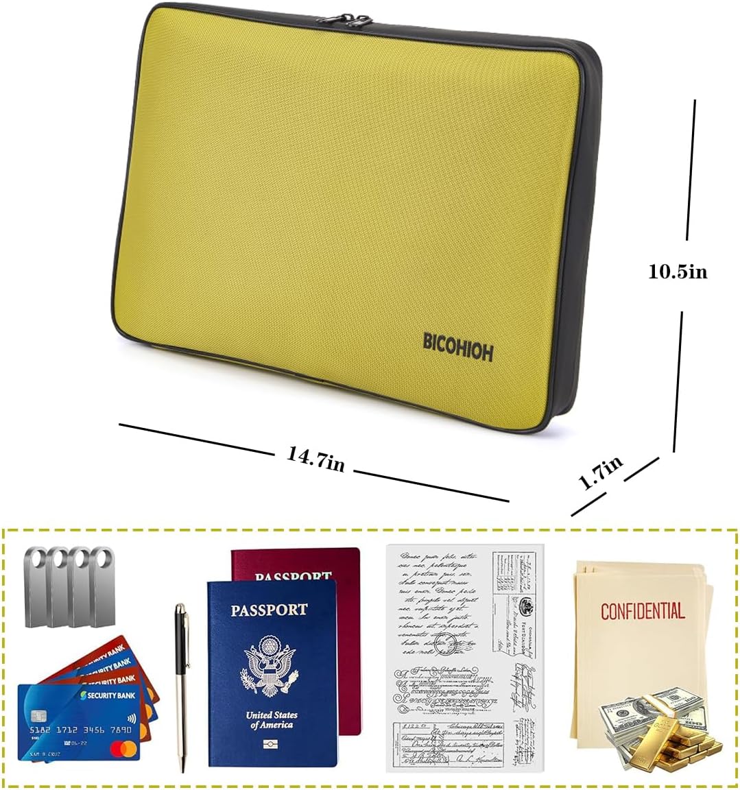 Portable Document Bag, Important Document Organizer, Storage Pouch File Folder for Important Papers, Emergency Binder, Birth Certificates, Social Security Cards, Passports, Photos (Yellow)