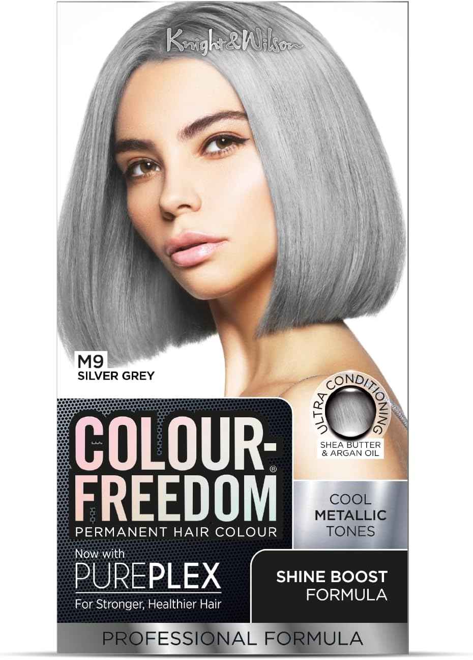 Colour Freedom Metallic Silver Grey Permanent Hair Dye with PurePlex. Ultra Glossy Conditioning Hair Colour. 100% grey coverage. By Knight & Wilson.