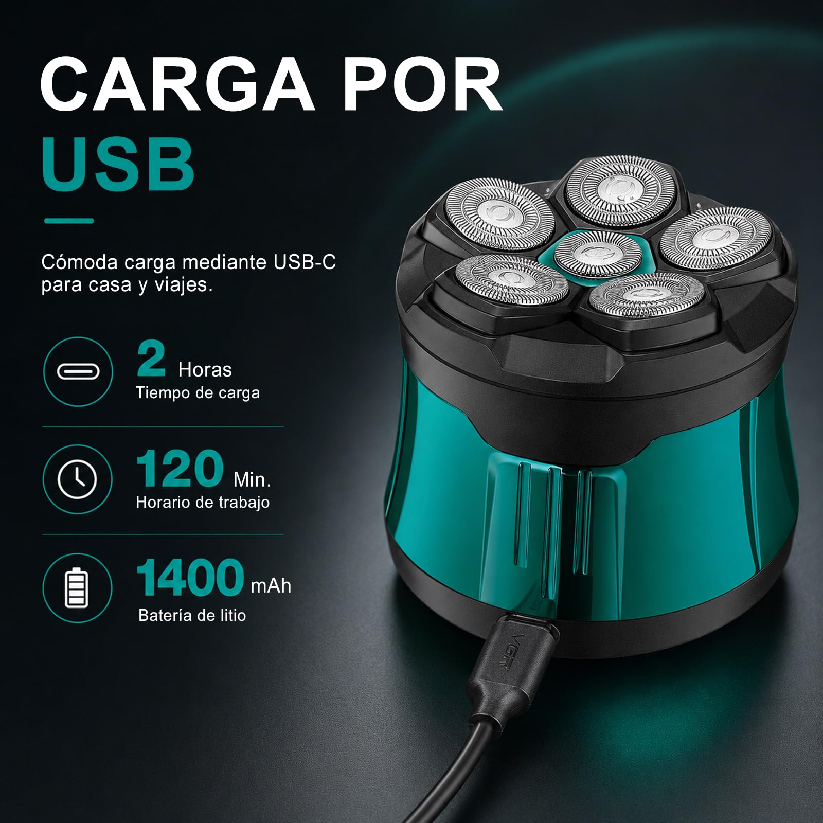 VGR 373 Afeitadora Cabeza Hombre 6D, Máquina Afeitar Cabeza, IPX5, Viaje