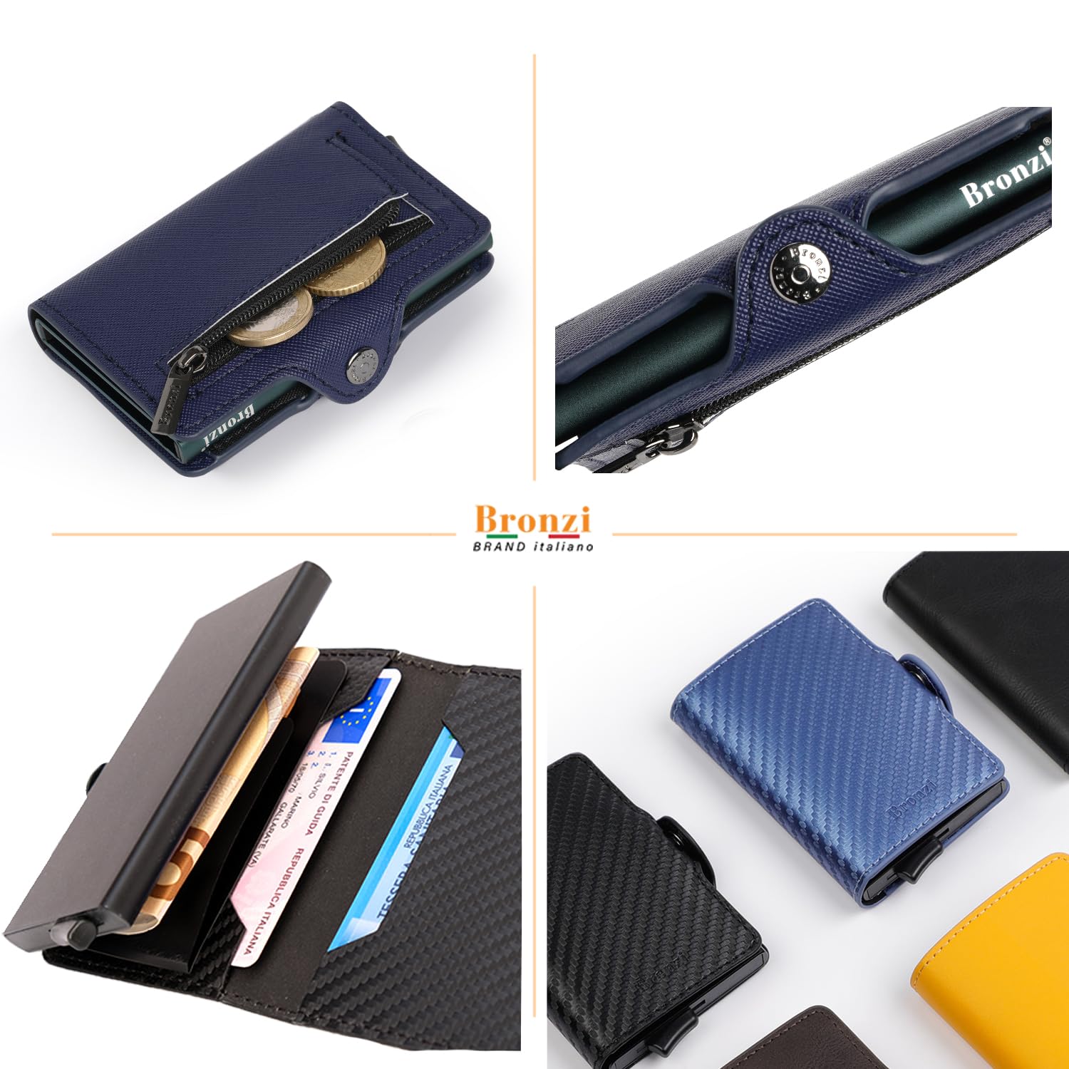 Bronzi Portafoglio Porta Carte Credito - Portafoglio Uomo Slim Portacarte uomo - Mini Porta Tessere - Protezione RFID - Design Smart Italiano Scatola Regalo inculsa (SAFFIANIO BLU SCURO)