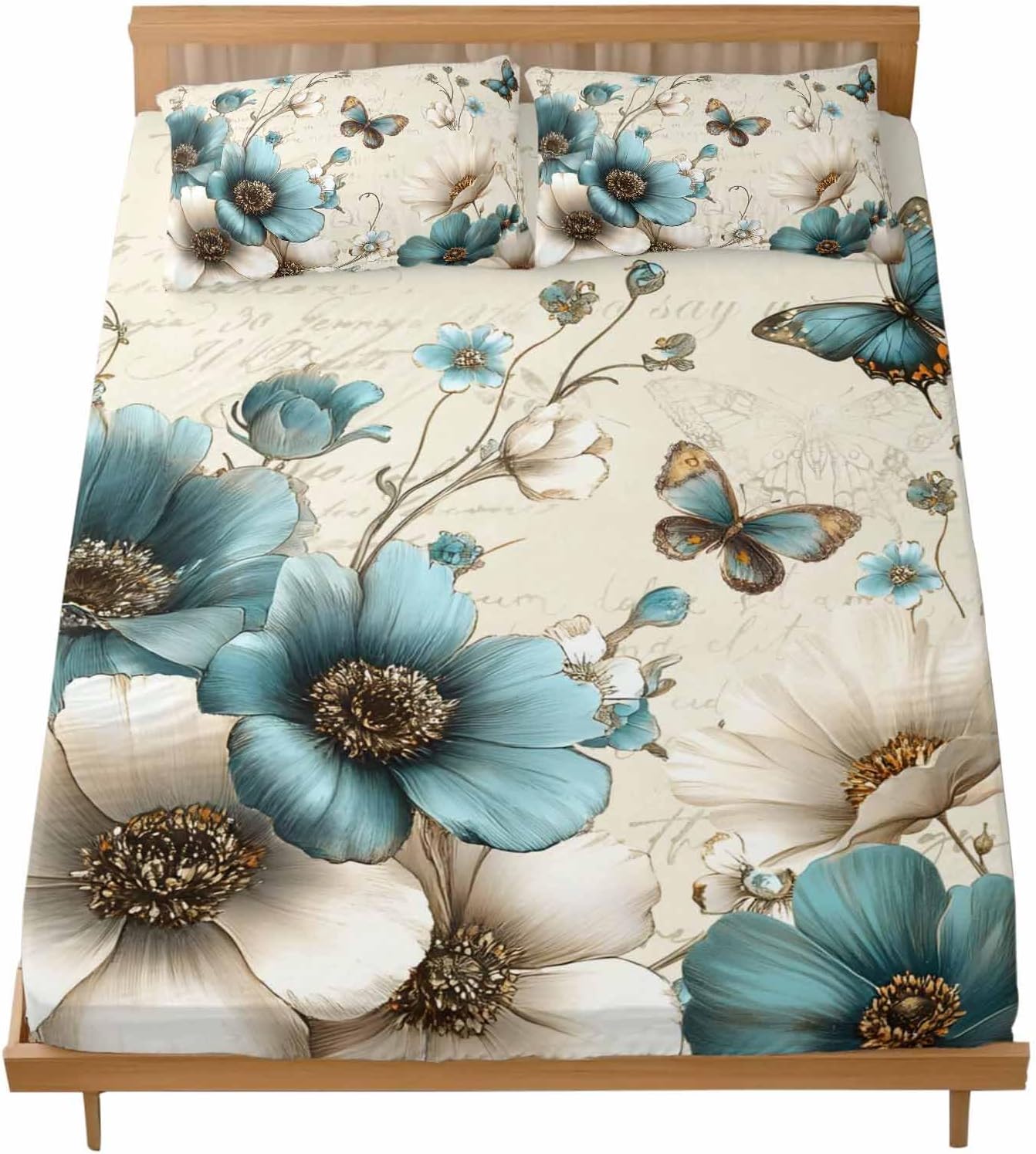 Teal Tulips King Size Fitted Sheet Set - Vintage Farmhosue Turquoise Floral Butterflies 3 Piece Bedding Sets 16" Deep Pocket Fitted Sheet with 2 Pillowcases, Brushed Microfiber Hotel Luxury Bed Sheets
