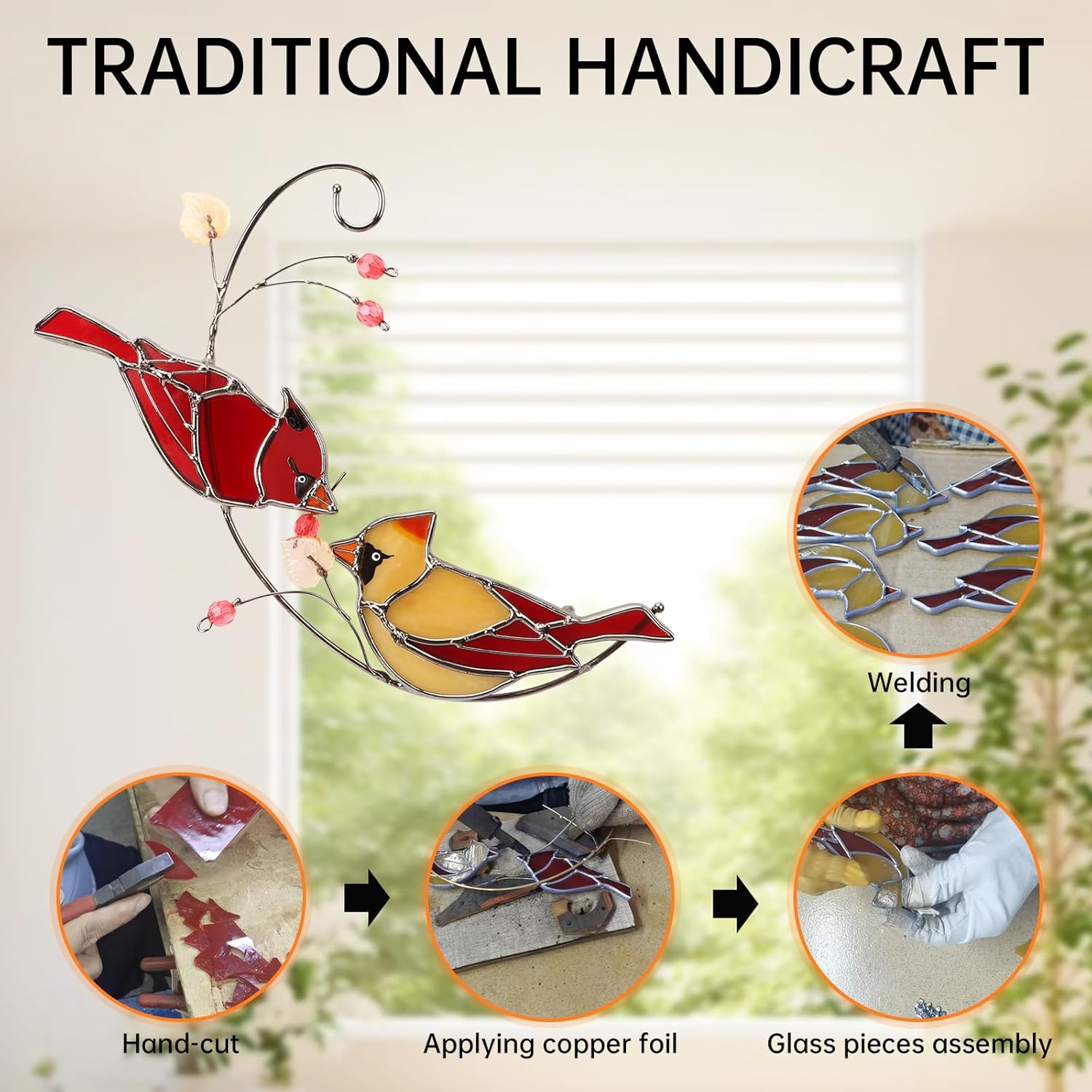Handmade Cardinal Stained Glass Suncatchers Window Hanging Ornament for Christmas,Memorial Gifts for Women,Red Birds Sun Catcher Decora,Bird Lover Gifts,Real Glass Unique Design - Image 5