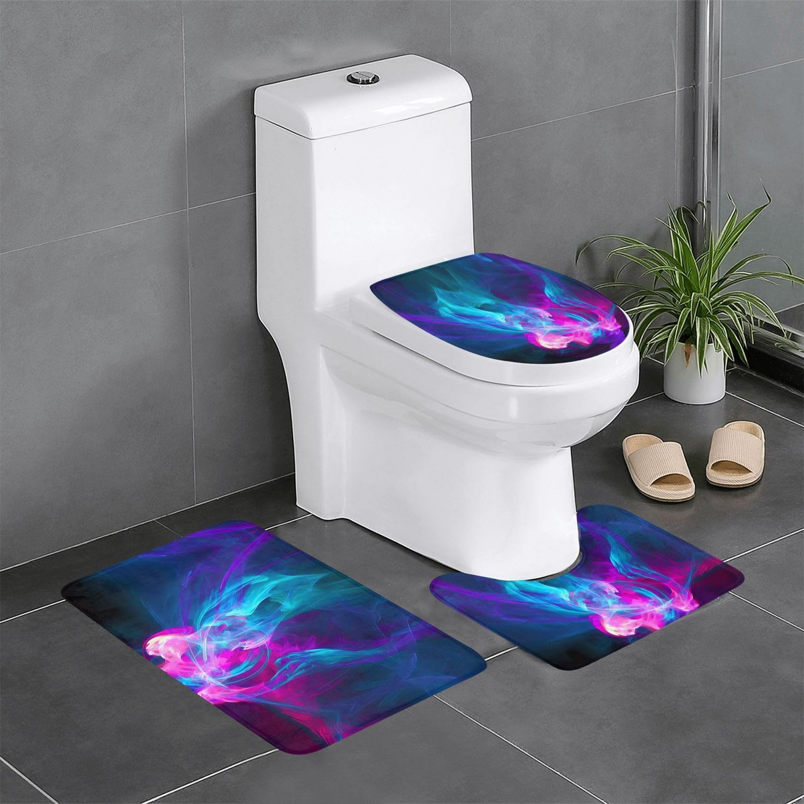 Tapis de salle de bain lot de 3 motif feu bleu rose finition premium