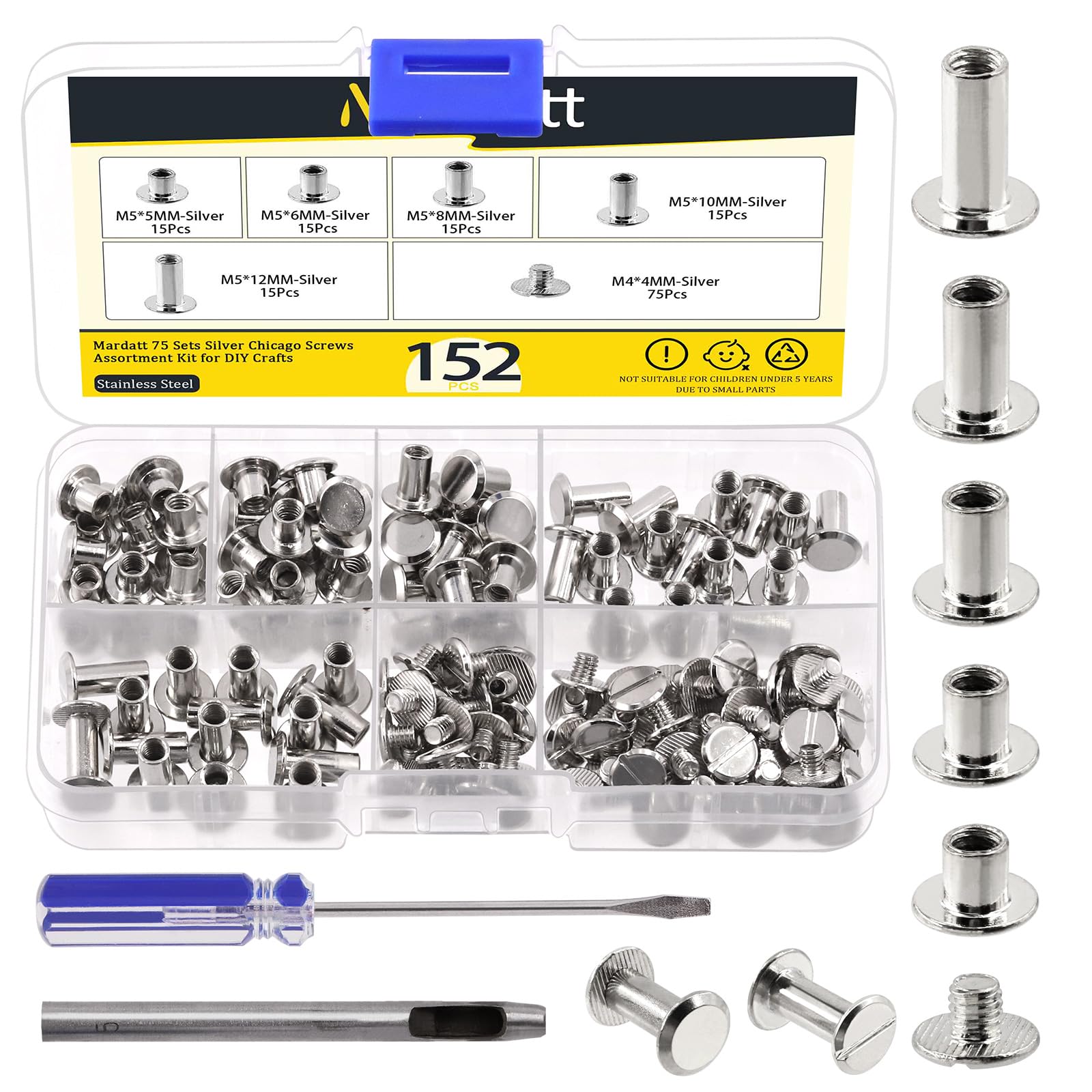 Mardatt 152Pcs 5 Sizes Chicago Screws with Punch and Screwdriver