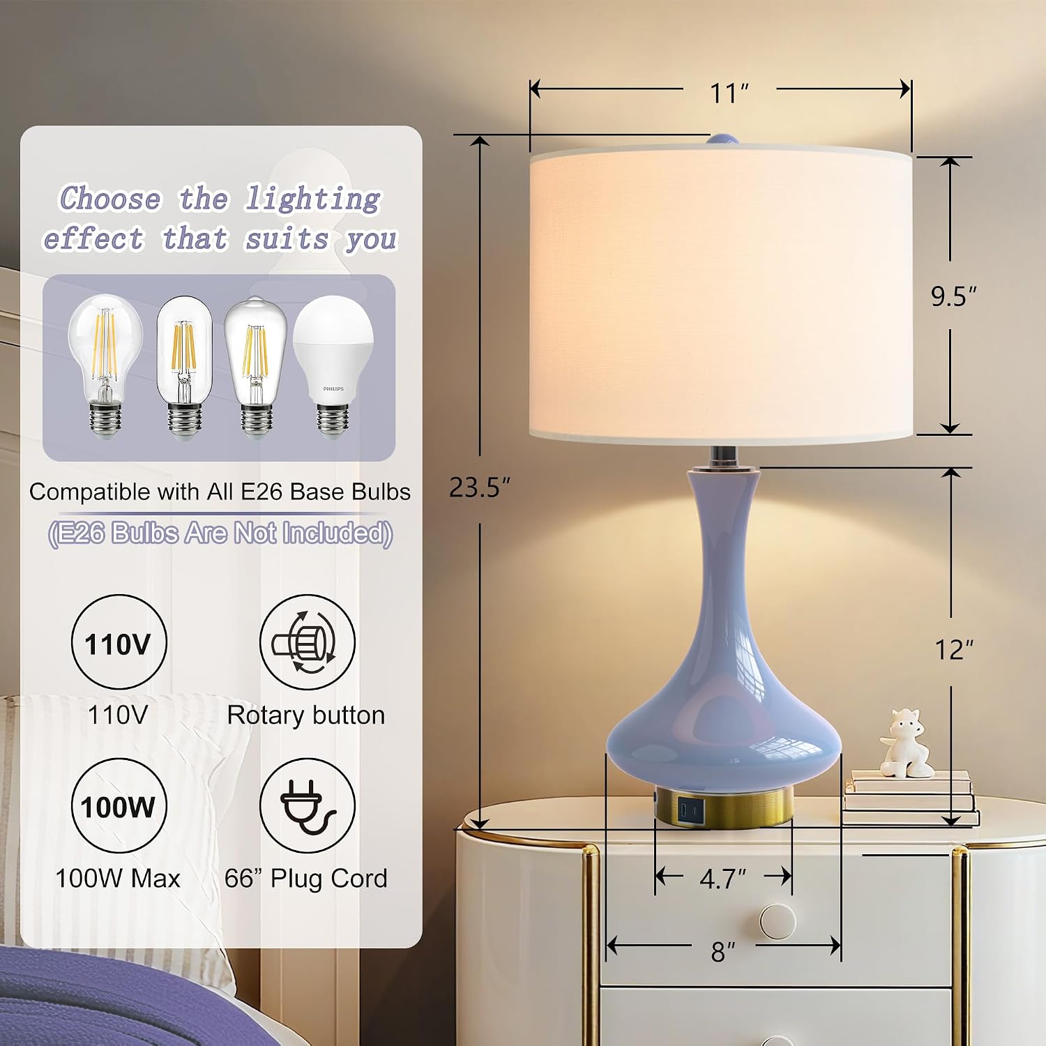 Maxax 24" Ceramic Table Lamp, Modern Bedside Lamp with USB C+A Ports, Purple Nightstand Lamp with White Shade for Girl Bedroom, Living Room