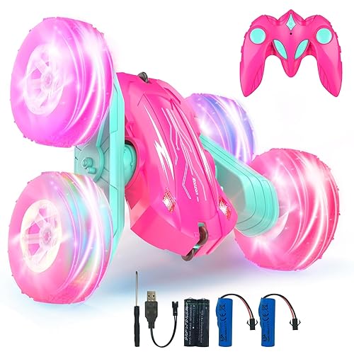 Rodzon Coche Teledirigido,Coche AcrobáTico Camiones 360 Grados De RotacióN,Juguete Niño Regalo 6 7 8 9 12 Años Niña 2.4Ghz Niños Coche Teledirigido con Luces Incluye Batería Recargable(Rosa) - Chollo en Juguetes y juegos