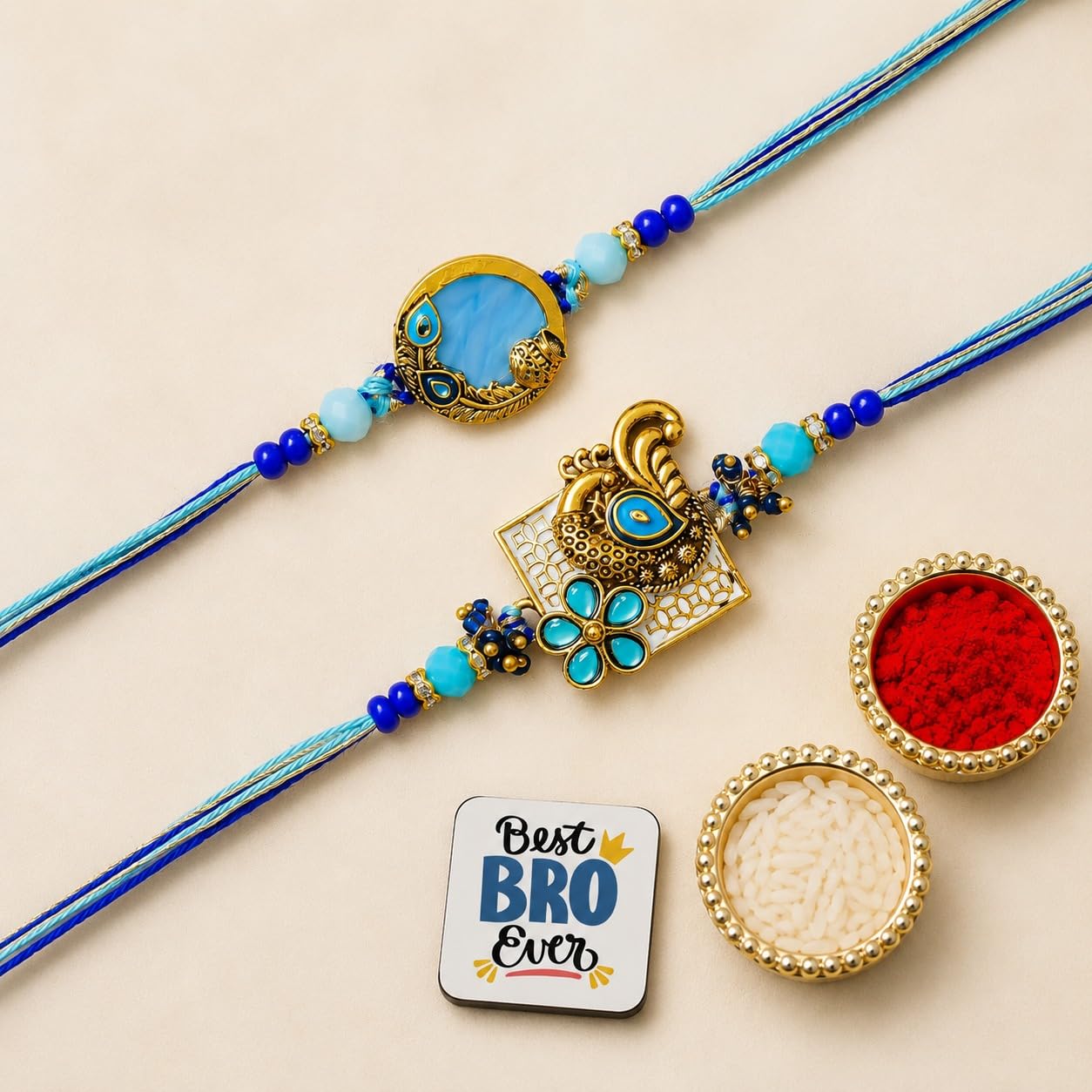 eCraftIndia Set of 2 Beautiful Peacock Feather Floral Designer Rakhis | Best Bro Ever Fridge Magnet | Roli Chawal Pack | Rakhi for Brother Bhaiya Bhai Bhabhi Kids