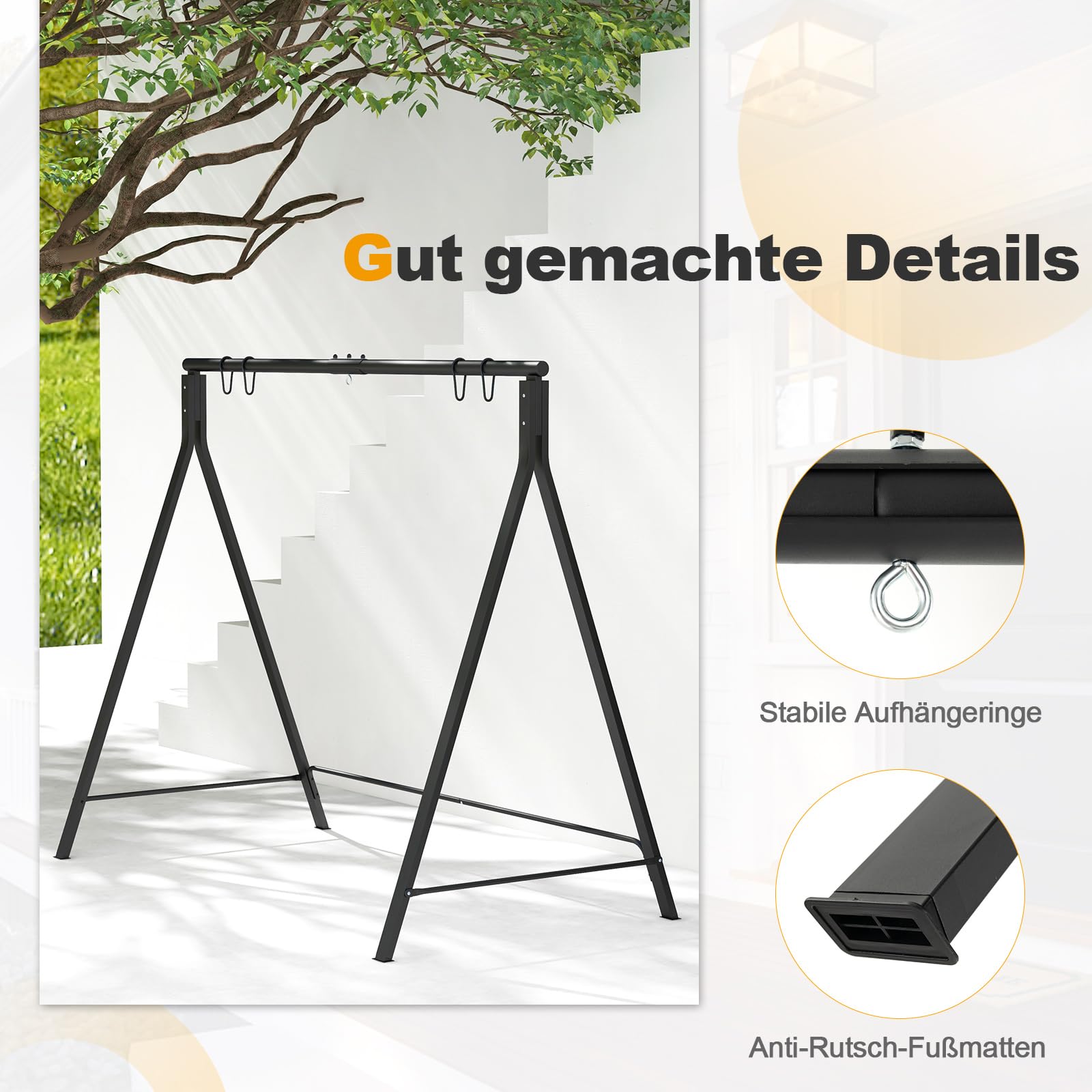 COSTWAY Schaukelgestell mit 5 Aufhängeringen, Gestell für Hängebank/Schaukelbank/Nestschaukel/Hängesessel, Schaukelgerüst aus Metall, für Garten, Veranda, Schwarz