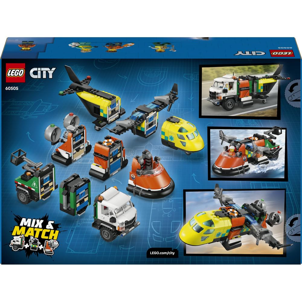 LEGO City Zestaw z samolotem, ciężarówką serwisową i poduszkowcem, interaktywne zabawki dla dzieci, modułowe pojazdy ratunkowe, prezent dla 7-latka na urodziny, dla chłopca i dziewczynki 60505