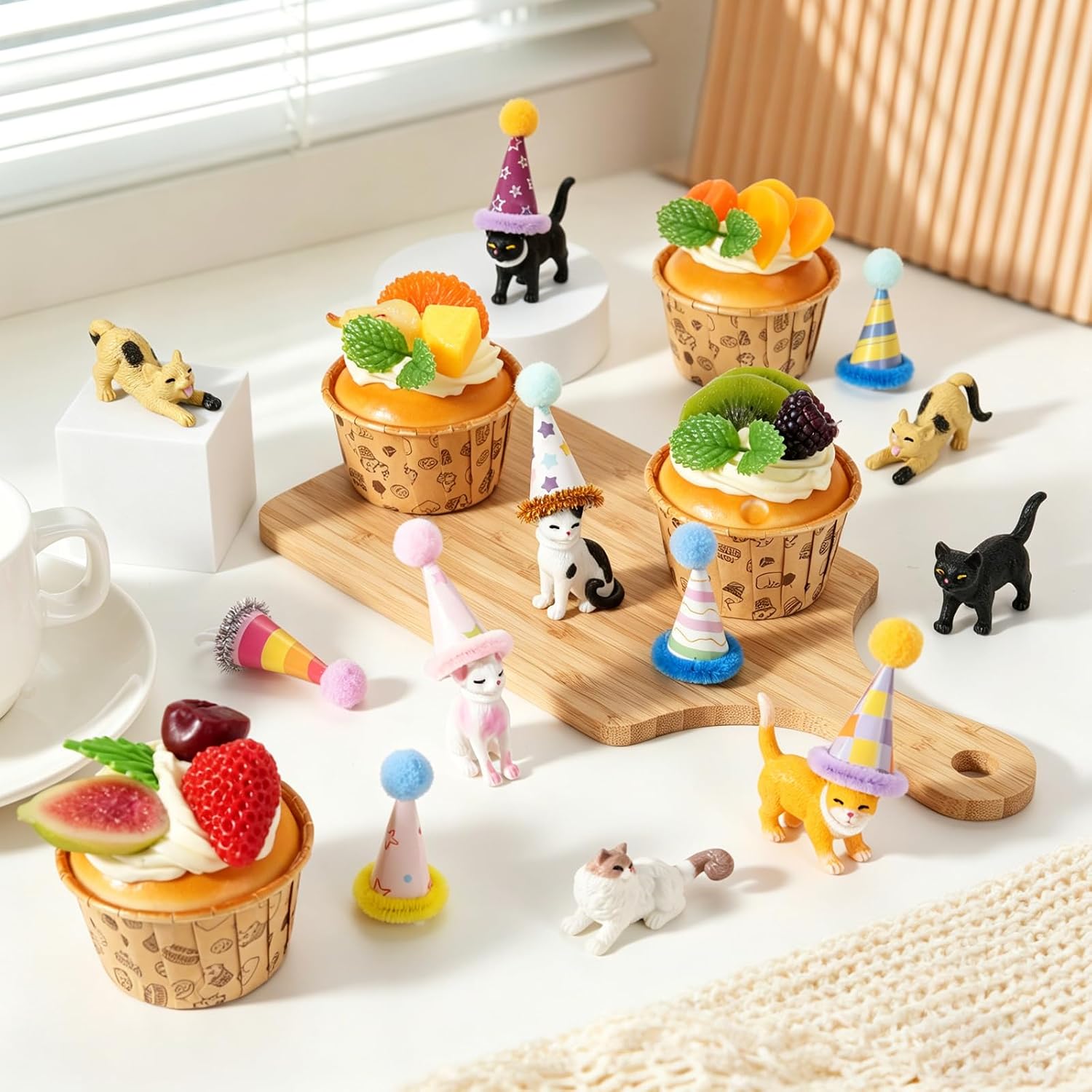 48 Pcs Resin Tiny Cat Figurines Cake Toppers with Birthday Hats Kit, Miniature Cat Figurines for Birthday Cat Cake Party Decorations