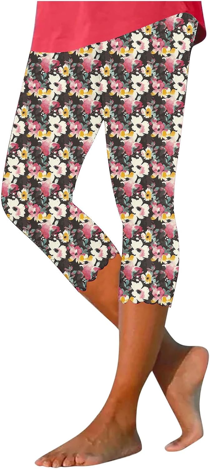 Women's Capri Leggings Floral Print High Waist Capris Tummy Control Knee Length Slim Fit Yoga Cropped Trousers