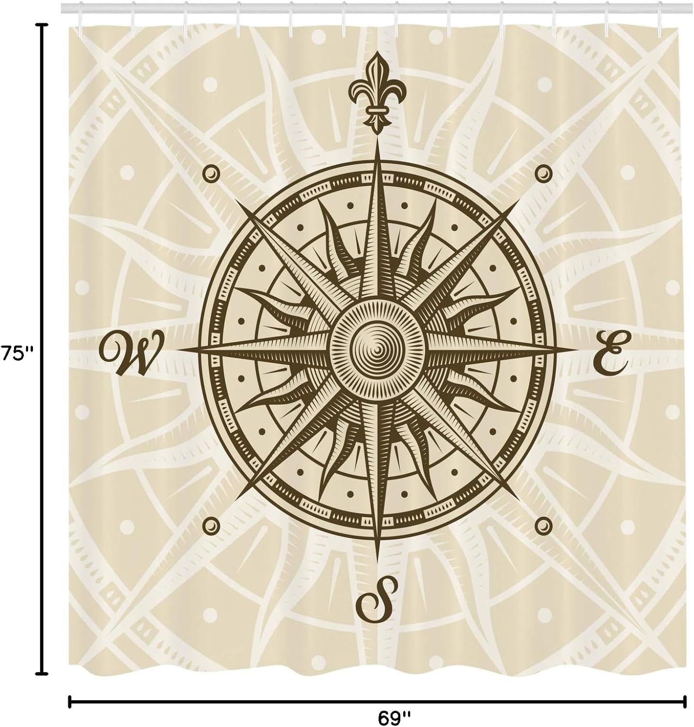 Ambesonne Compass Shower Curtain, Sun Motif Backdrop with Windrose Directions East West North South Navigation, Cloth Fabric Bathroom Decor Set with Hooks, 69" W x 75" L, Olive Green Beige
