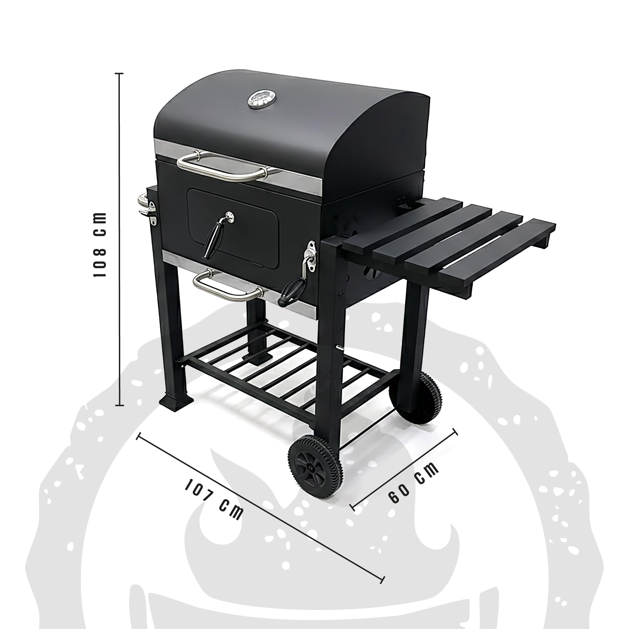Barbecue a Carbone con Coperchio e Termometro, Griglia di Cottura e Mantenimento, Apertura Frontale, Ripiano Laterale, BBQ da Giardino con Ruote