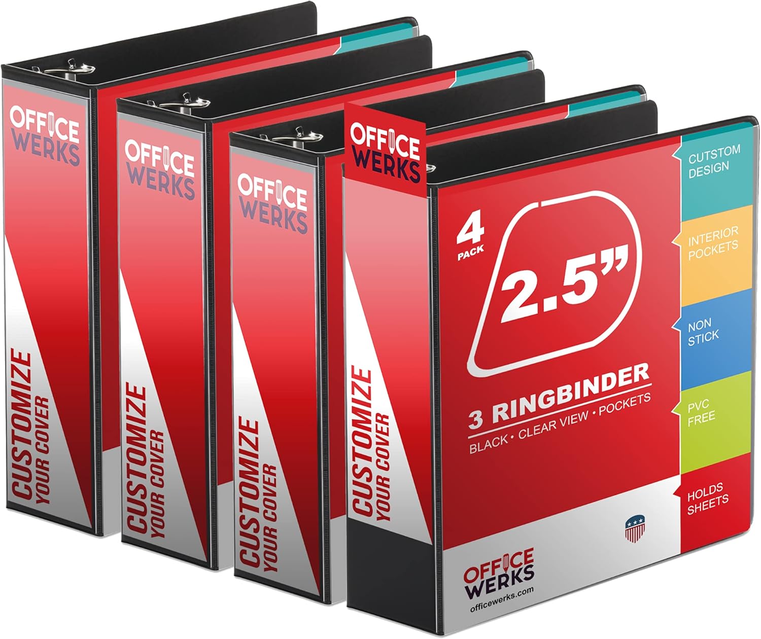 Performore 3 Ring Binder, Professional Angle D 2.5 Inch, Presentation Folder for Standard Pages 8.5 x 11 with Pockets, Crystal Clear View Black Binder (4 Pack)