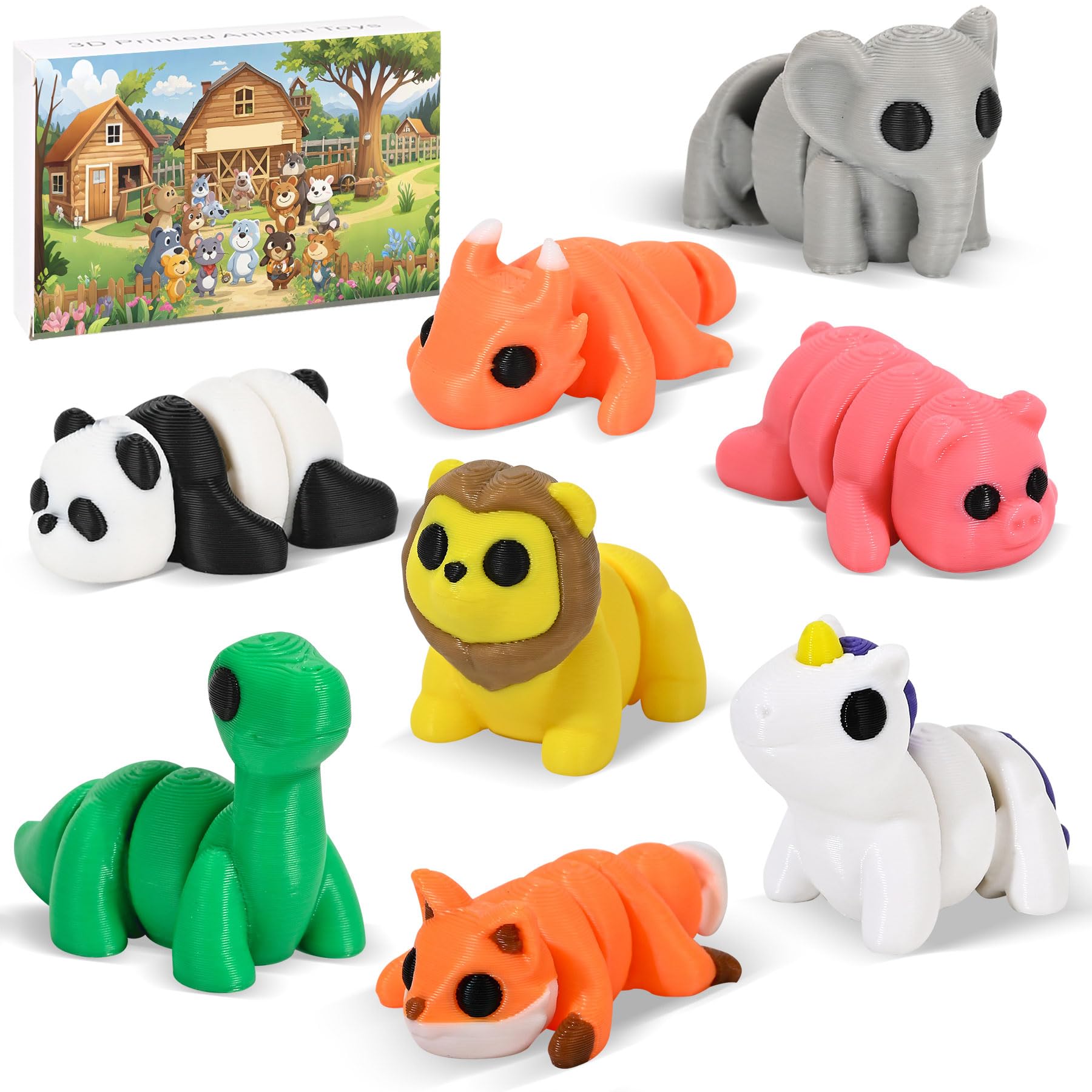 8 Pack Mystery 3D Printed Animals, 3D Printed Articulating Figurines, 3D Printed Toys, Miniatures 3-D Printed Farm Animals, Random 8PCS Figures