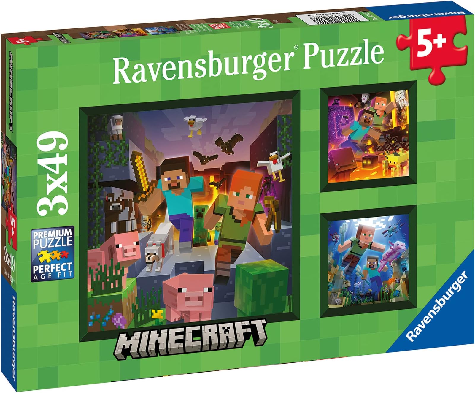 Ravensburger Minecraft Kids Jigsaw Puzzles 3 Pack, 3-in-1 Set - 3 x 49 Piece Puzzles featuring Steve, Alex & Creeper in pixel art, Ages 5+, Birthday