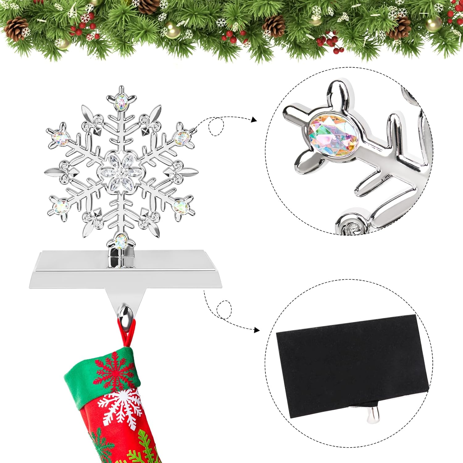 2pcs Snowflake Stocking Holder Sturdy Silver Metal Christmas Stocking Holder Stand 3D Snowflake Stocking Hangers for Mantel Christmas Fireplace Decorations Xmas Holiday Supplies