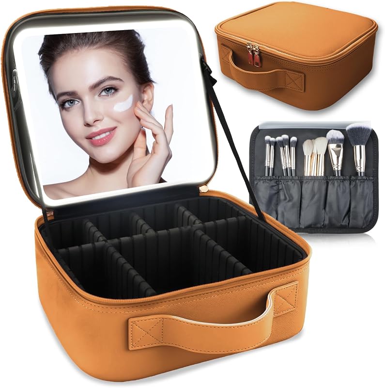 Maleta de maquiagem SUILU com espelho LED, divisórias ajustáveis e 3 temperaturas de luz, Light Brown-3